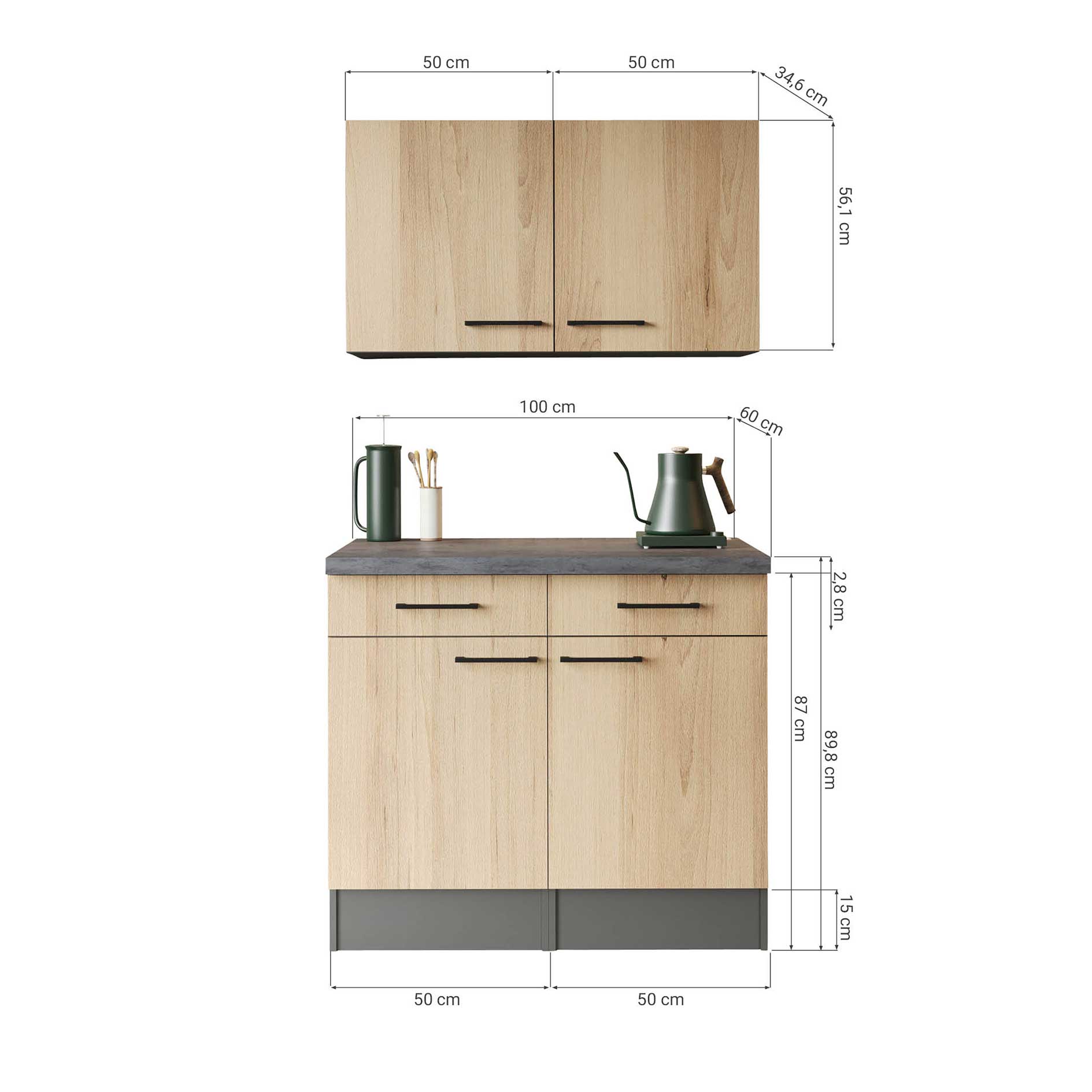 RESPEKTA Singleküche OLIVER - Artisan Eiche - grau matt - 100 cm