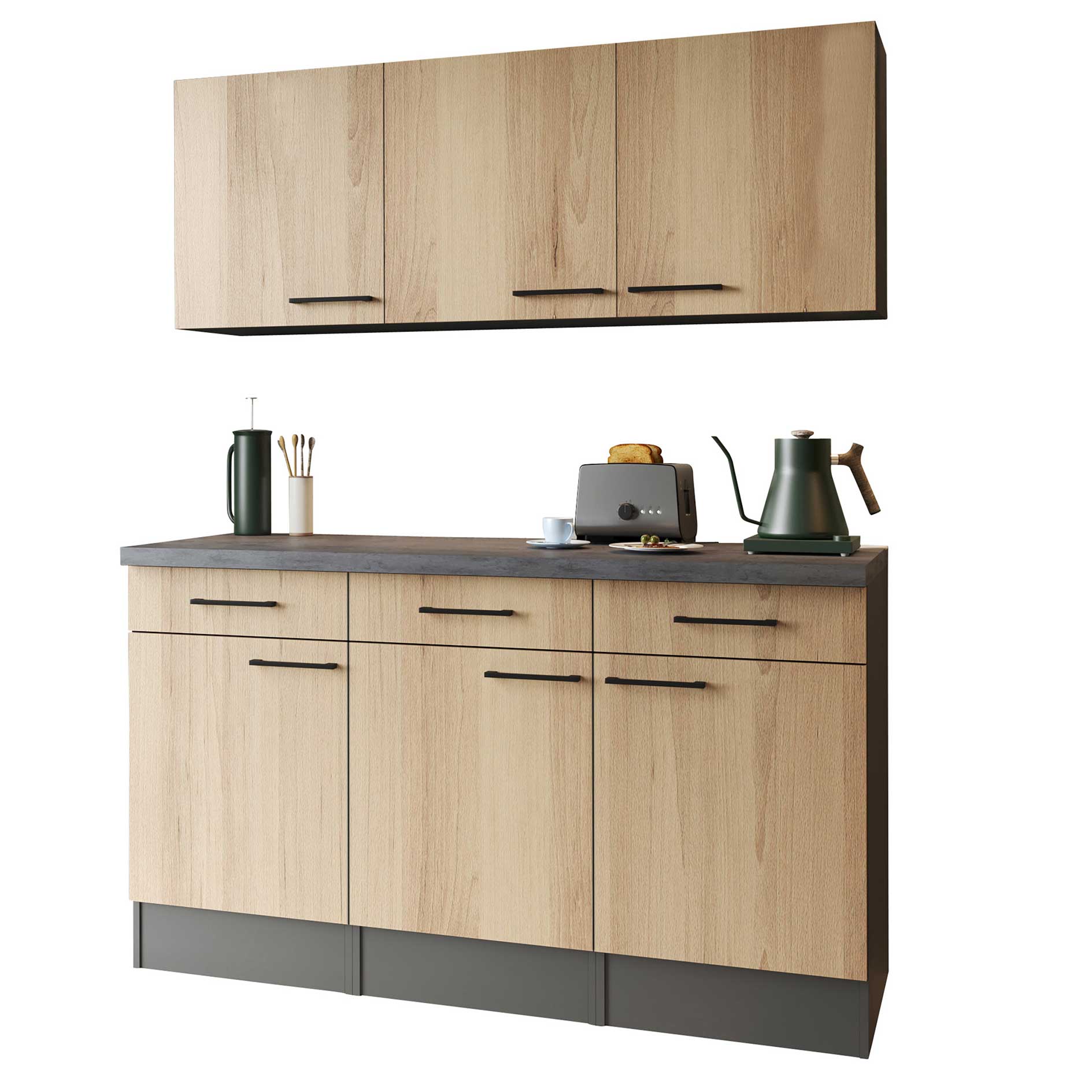 RESPEKTA Singleküche OLIVER - Artisan Eiche - grau matt - 150 cm