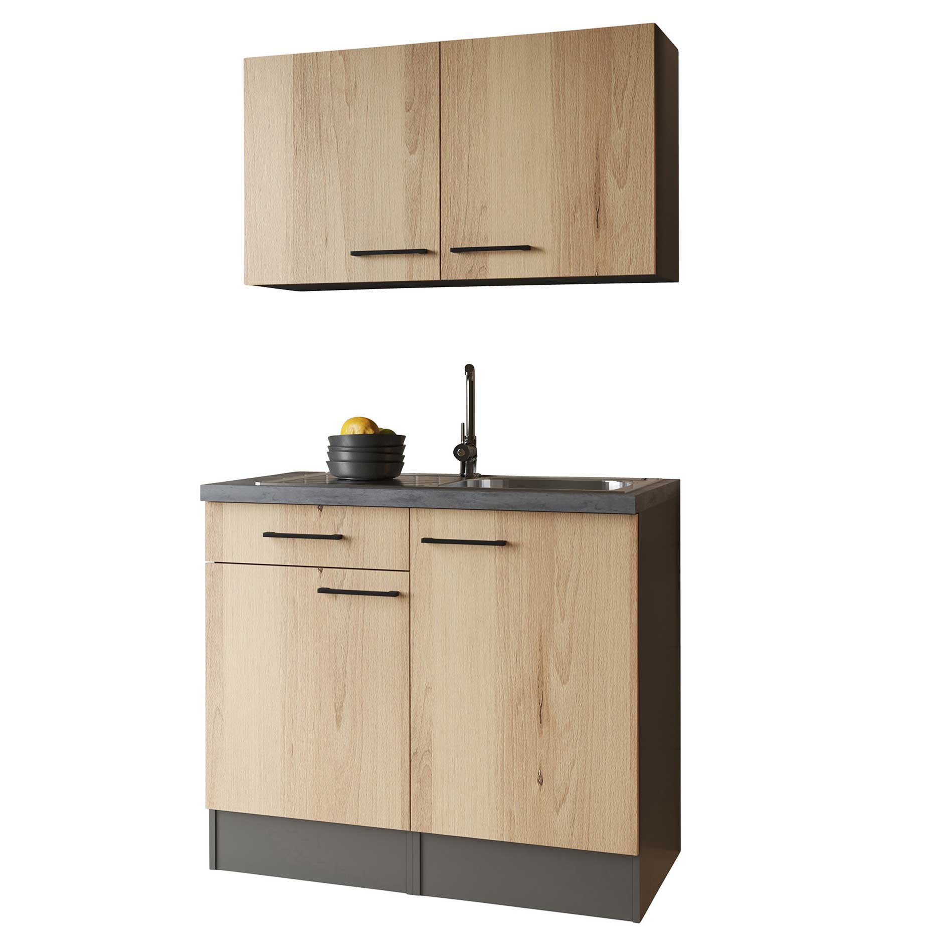 RESPEKTA Singleküche OLIVER - Artisan Eiche - grau matt - mit Spüle - 100 cm