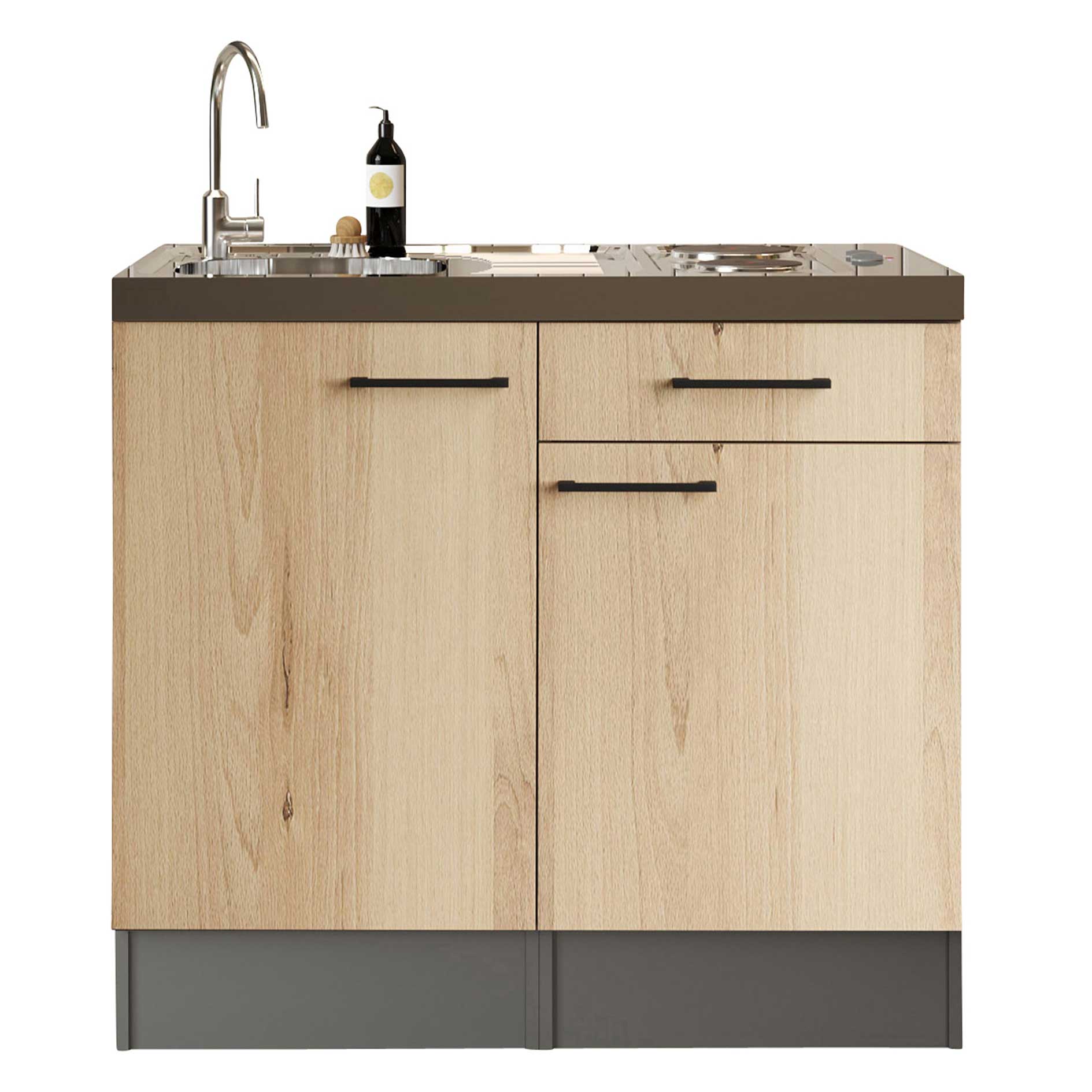 RESPEKTA Singleküche OLIVER - Artisan Eiche - grau matt - Spüle - Edelstahlkochmulde - 100 cm