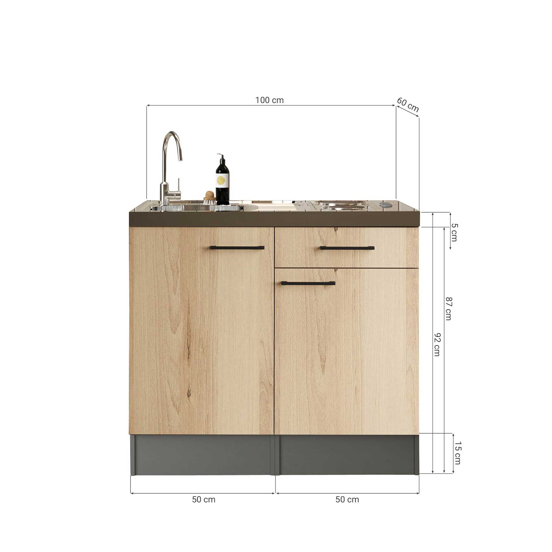 RESPEKTA Singleküche OLIVER - Artisan Eiche - grau matt - Spüle - Edelstahlkochmulde - 100 cm