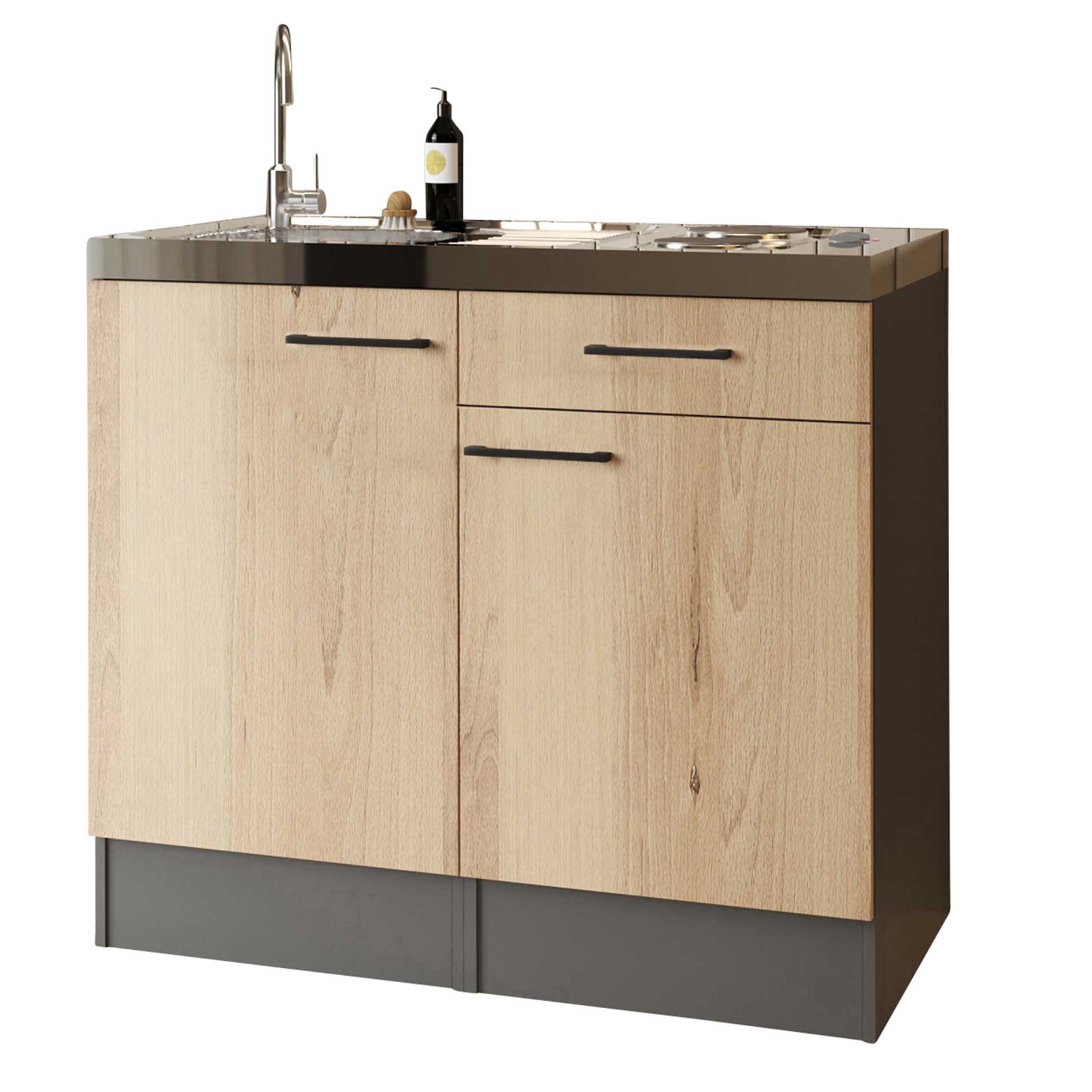 RESPEKTA Singleküche OLIVER - Artisan Eiche - grau matt - Spüle - Edelstahlkochmulde - 100 cm