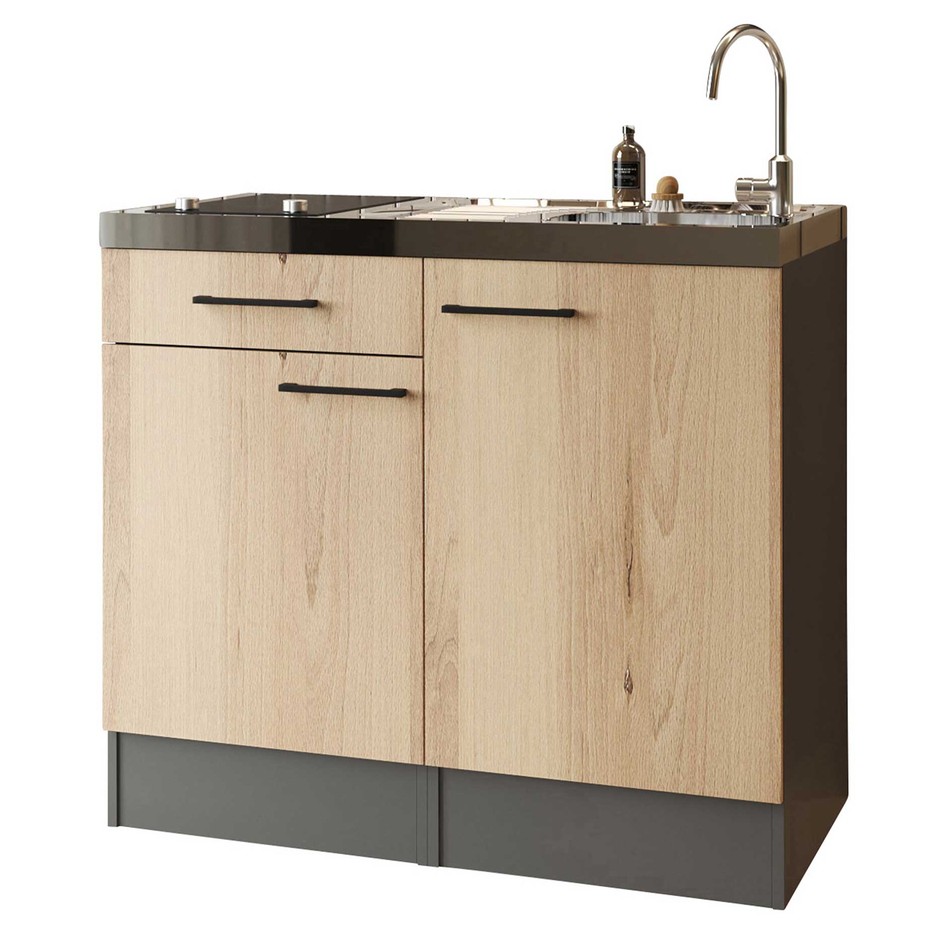RESPEKTA Singleküche OLIVER - Artisan Eiche - grau matt - Spüle - Glaskeramikkochfeld - 100 cm
