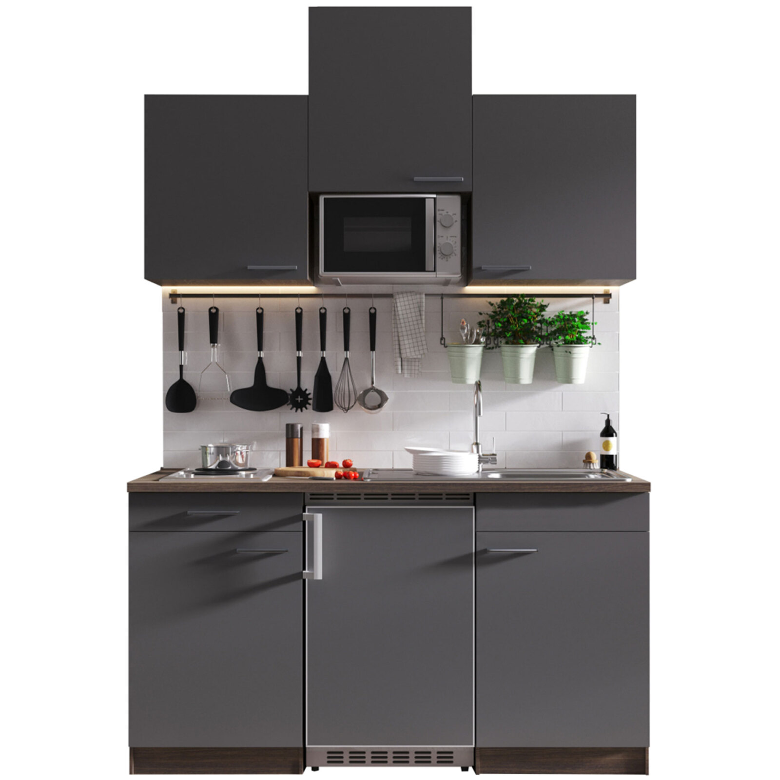 RESPEKTA Singleküche OLIVER - grau - Eiche York - mit E-Geräten - 150 cm