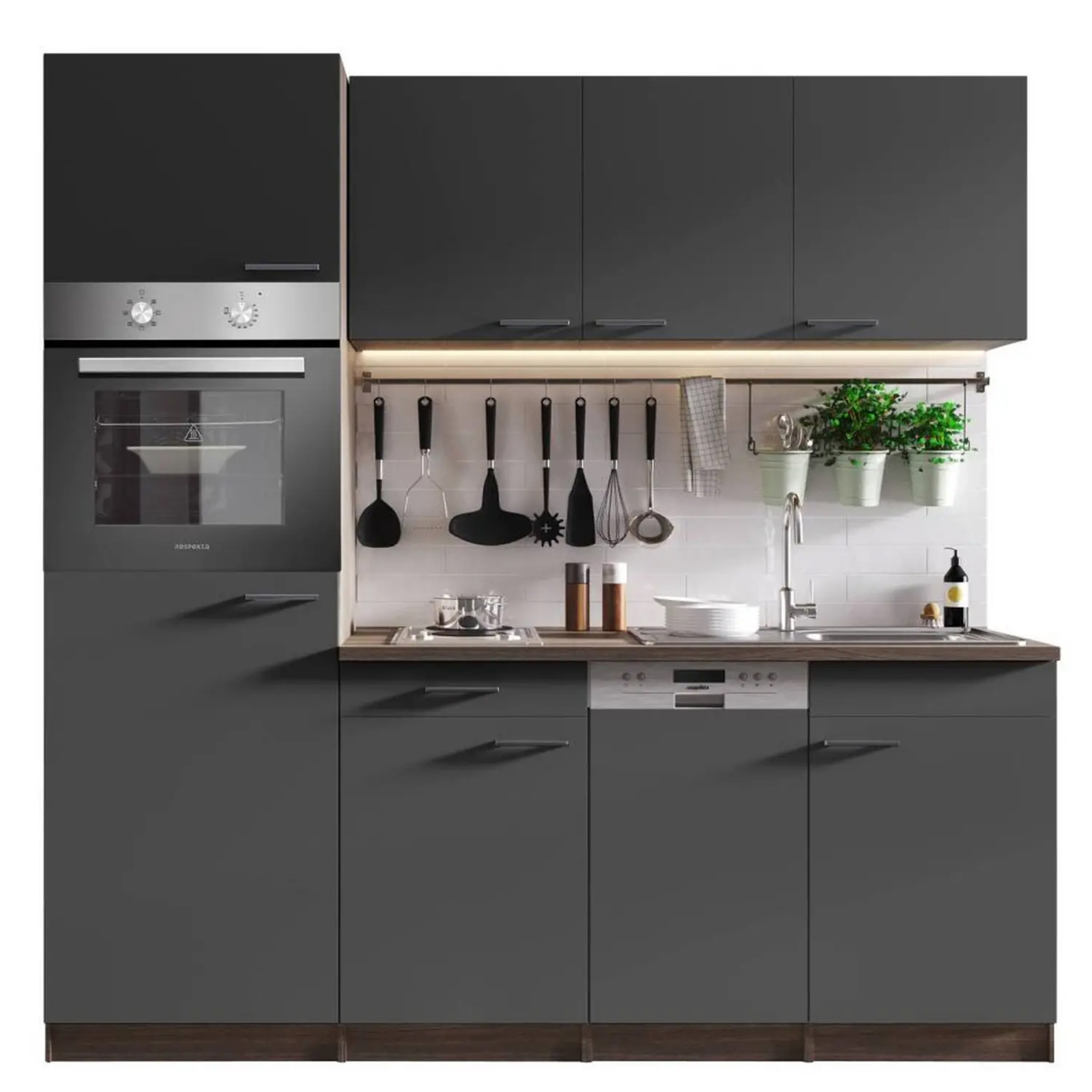 RESPEKTA Singleküche OLIVER - grau - Eiche York - mit E-Geräten - 205 cm