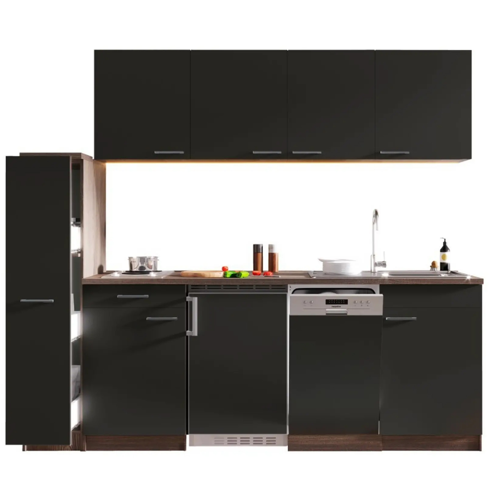 RESPEKTA Singleküche OLIVER - grau - Eiche York - mit E-Geräten - 225 cm