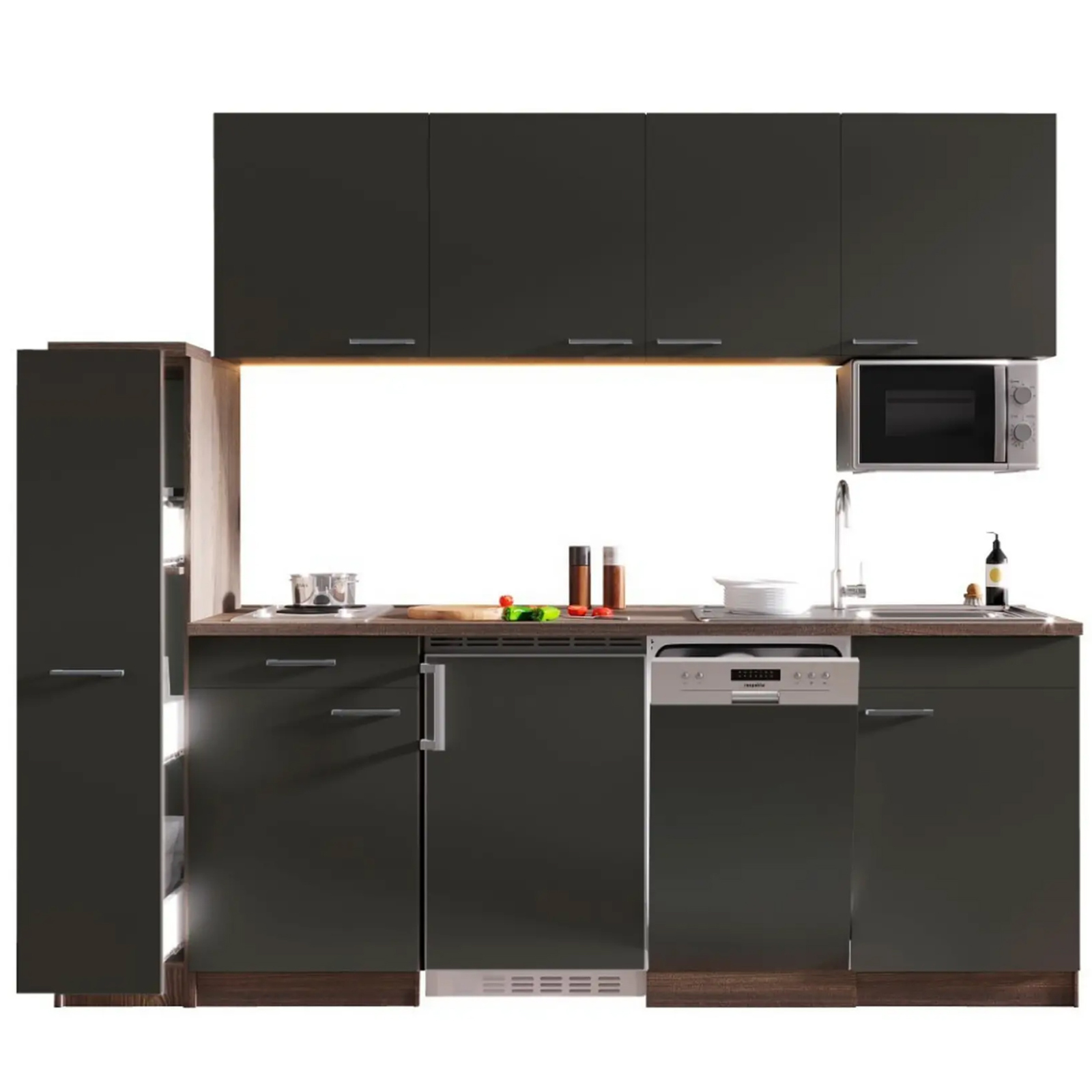 RESPEKTA Singleküche OLIVER - grau - Eiche York - mit E-Geräten - 225 cm