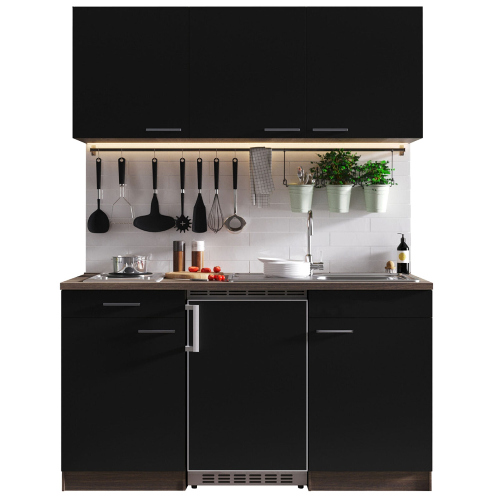 RESPEKTA Singleküche OLIVER - schwarz - Eiche York - mit E-Geräten - 150 cm