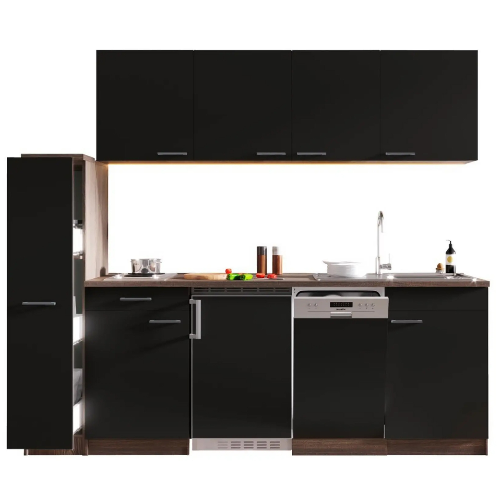 RESPEKTA Singleküche OLIVER - schwarz - Eiche York - mit E-Geräten - 225 cm