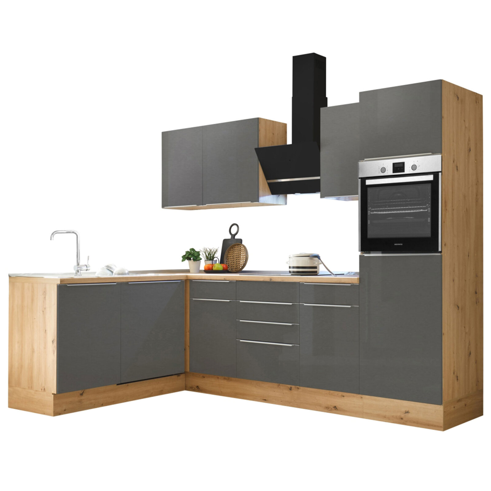 RESPEKTA Winkelküche - grau - Artisan Eiche - mit E-Geräten - 280 cm