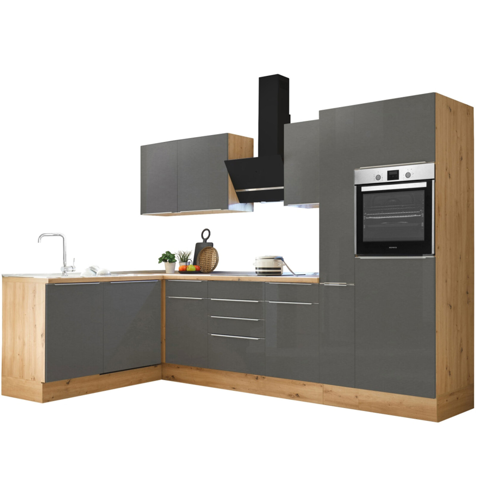 RESPEKTA Winkelküche - grau - Artisan Eiche - mit E-Geräten - 310 cm