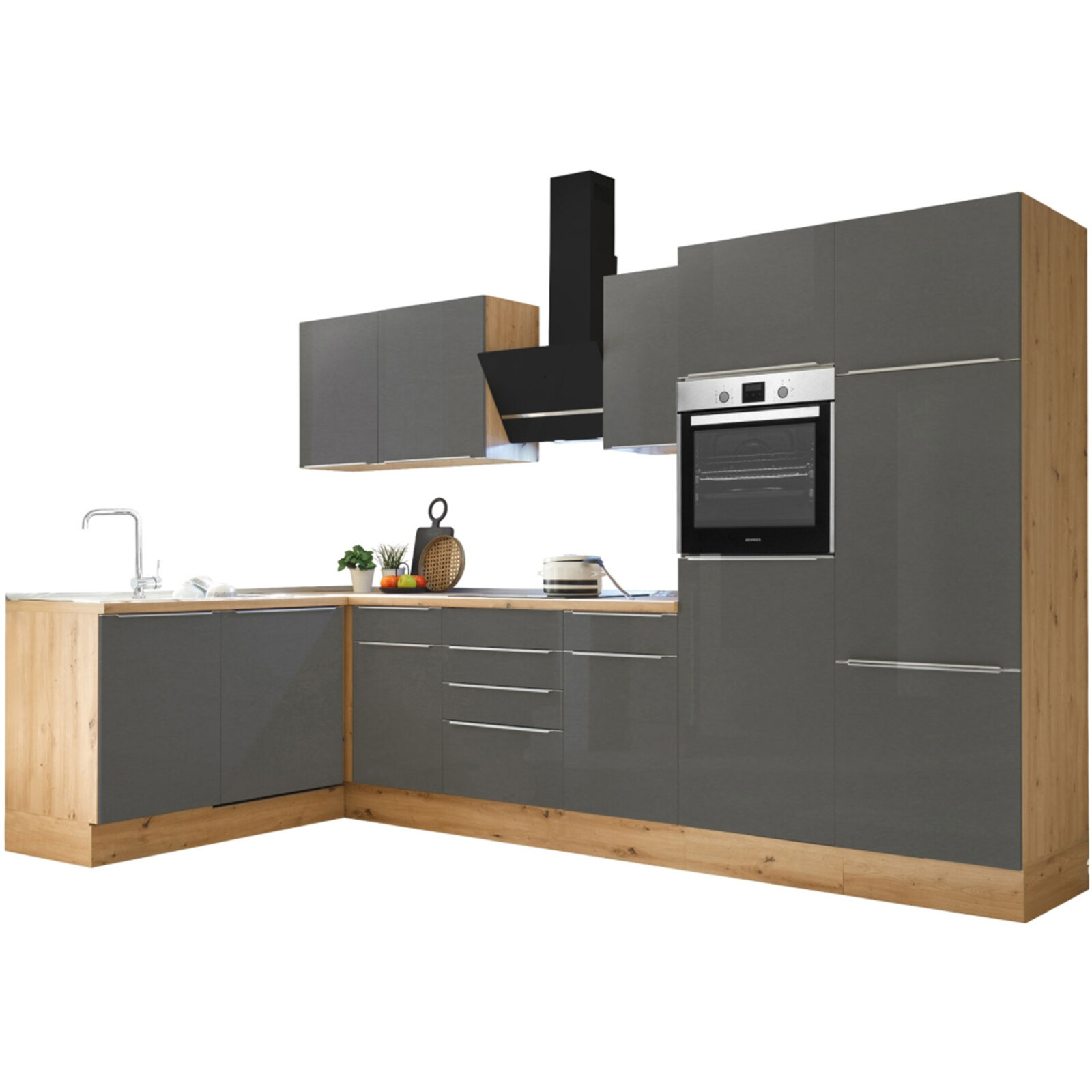 RESPEKTA Winkelküche - grau - Artisan Eiche - mit E-Geräten - 340 cm