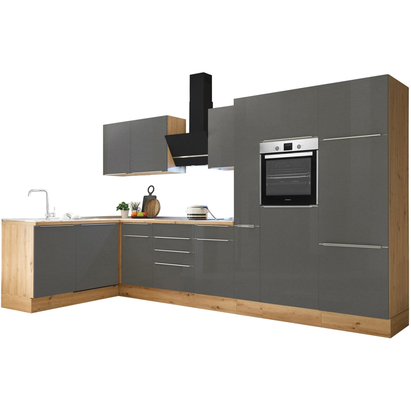 RESPEKTA Winkelküche - grau - Artisan Eiche - mit E-Geräten - 370 cm