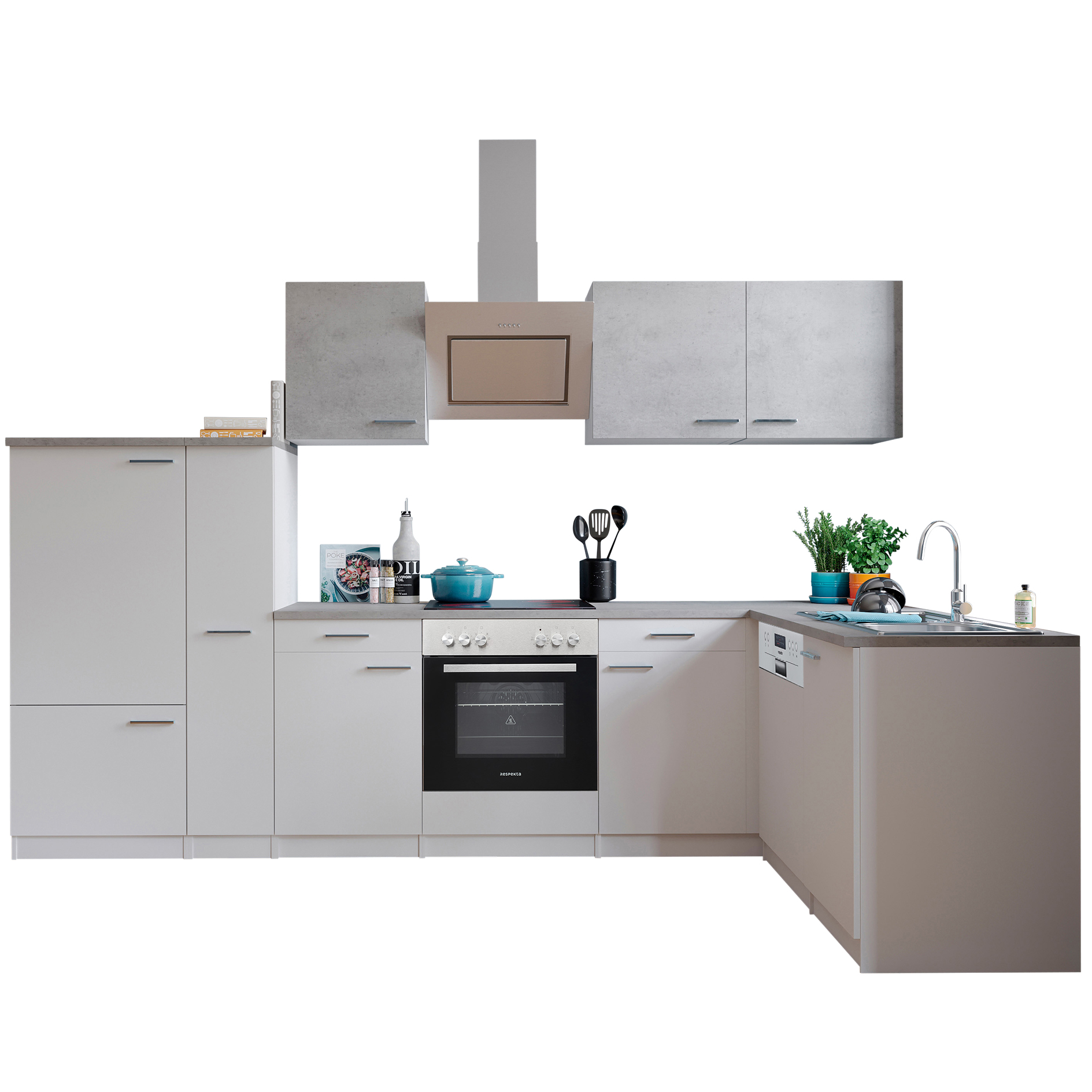 RESPEKTA Winkelküche MALIA - weiß - Betonoptik - mit E-Geräten - 310x172 cm