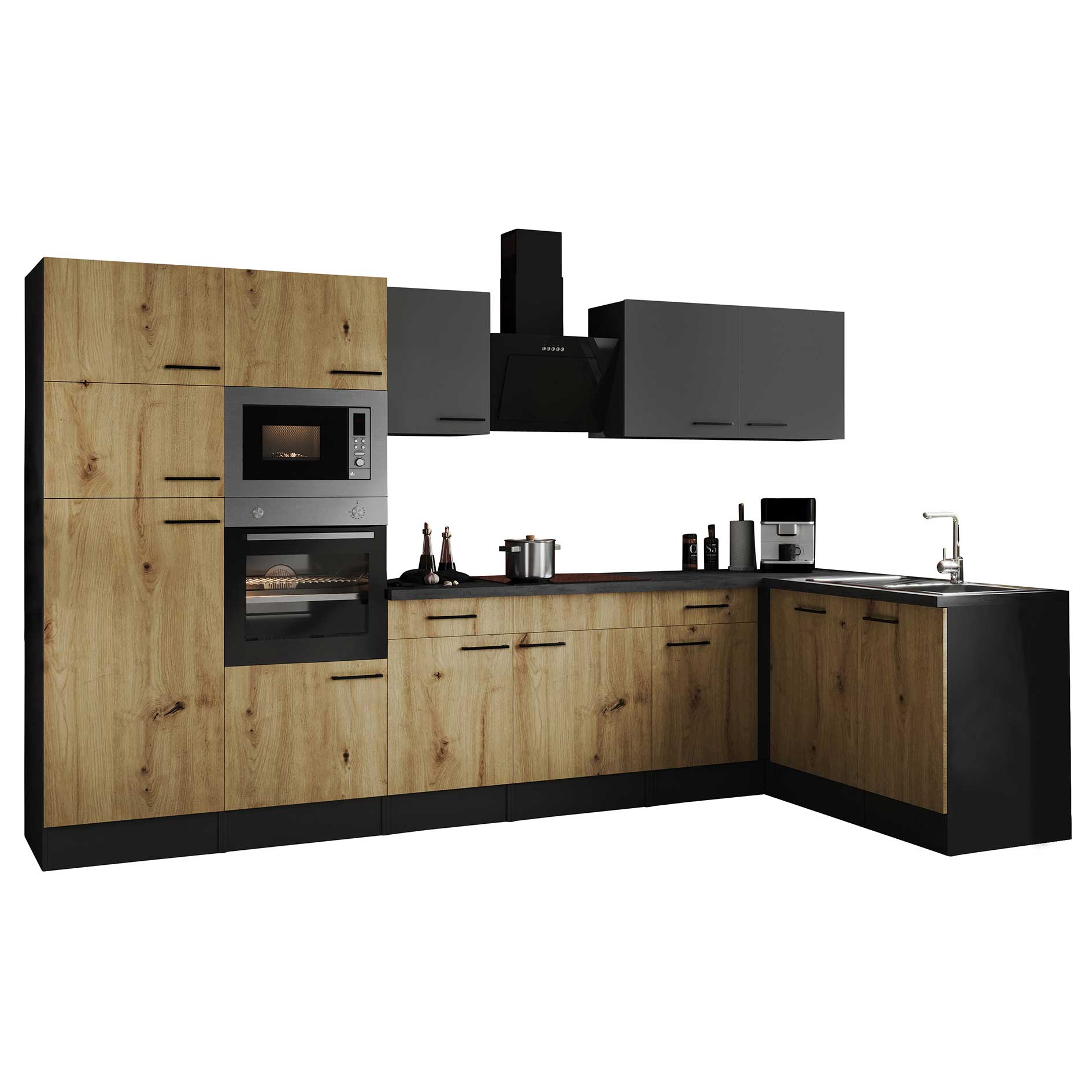 RESPEKTA Winkelküche OLIVER - grau matt - Artisan Eiche - mit E-Geräten - 340x172 cm