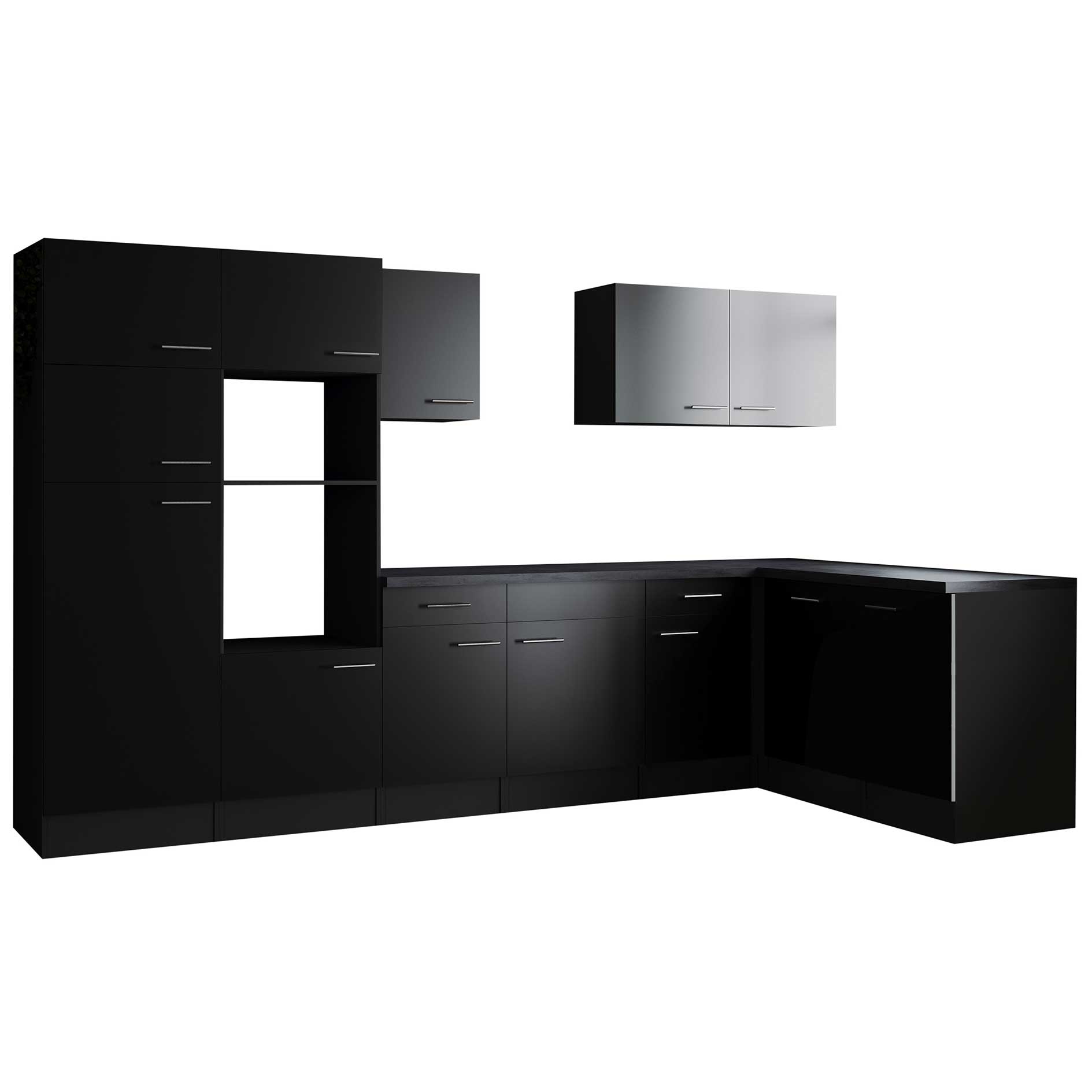 RESPEKTA Winkelküche OLIVER - schwarz Seidenglanz - grau matt - 340x172 cm