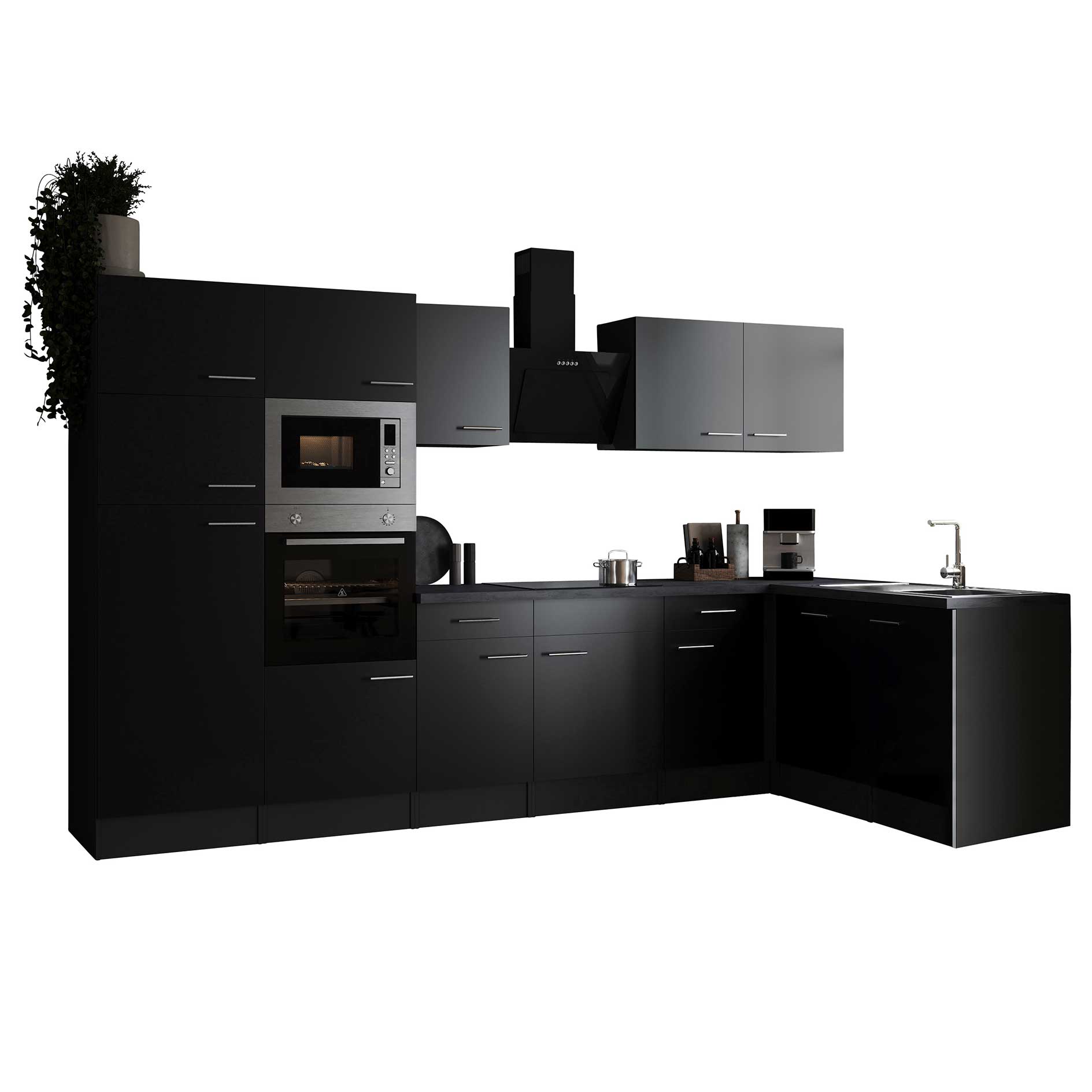 RESPEKTA Winkelküche OLIVER - schwarz Seidenglanz - grau matt - mit E-Geräten - 340x172 cm