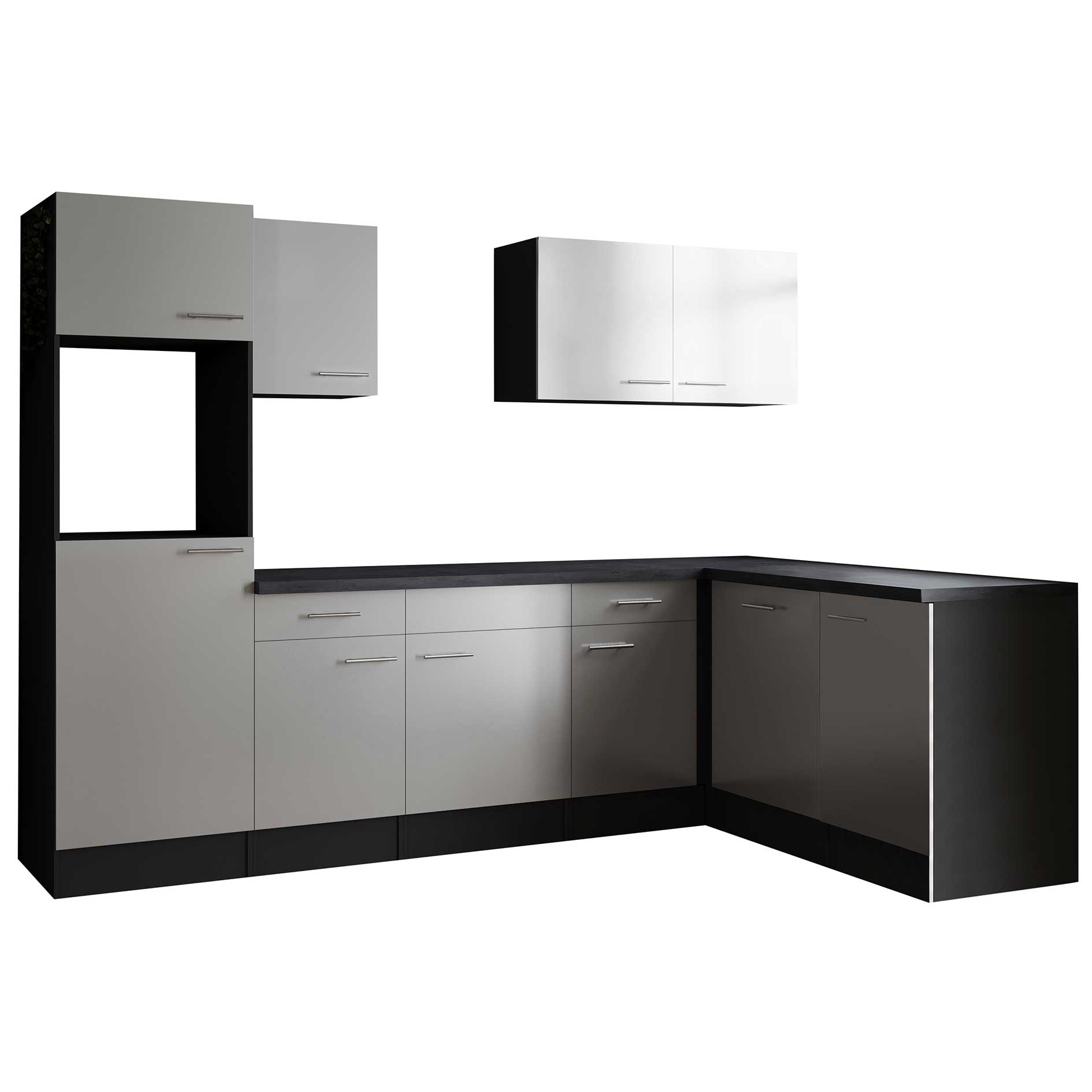 RESPEKTA Winkelküche OLIVER - weiß Seidenglanz - grau matt - 280x172 cm
