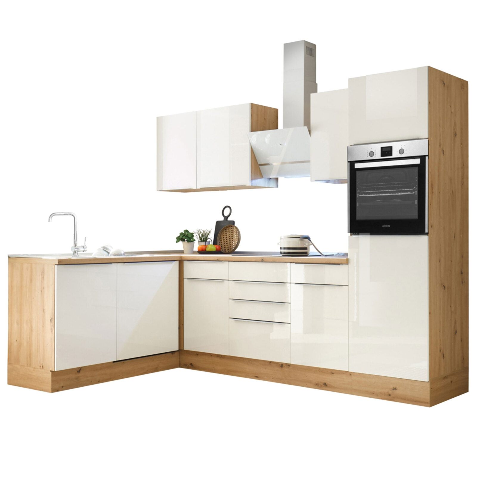 RESPEKTA Winkelküche - weiß Hochglanz - Artisan Eiche - mit E-Geräten - 280 cm