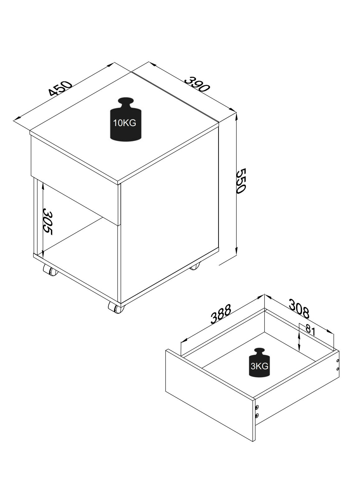 Rollcontainer DALOSA - weiß - Schublade - 39x45 cm