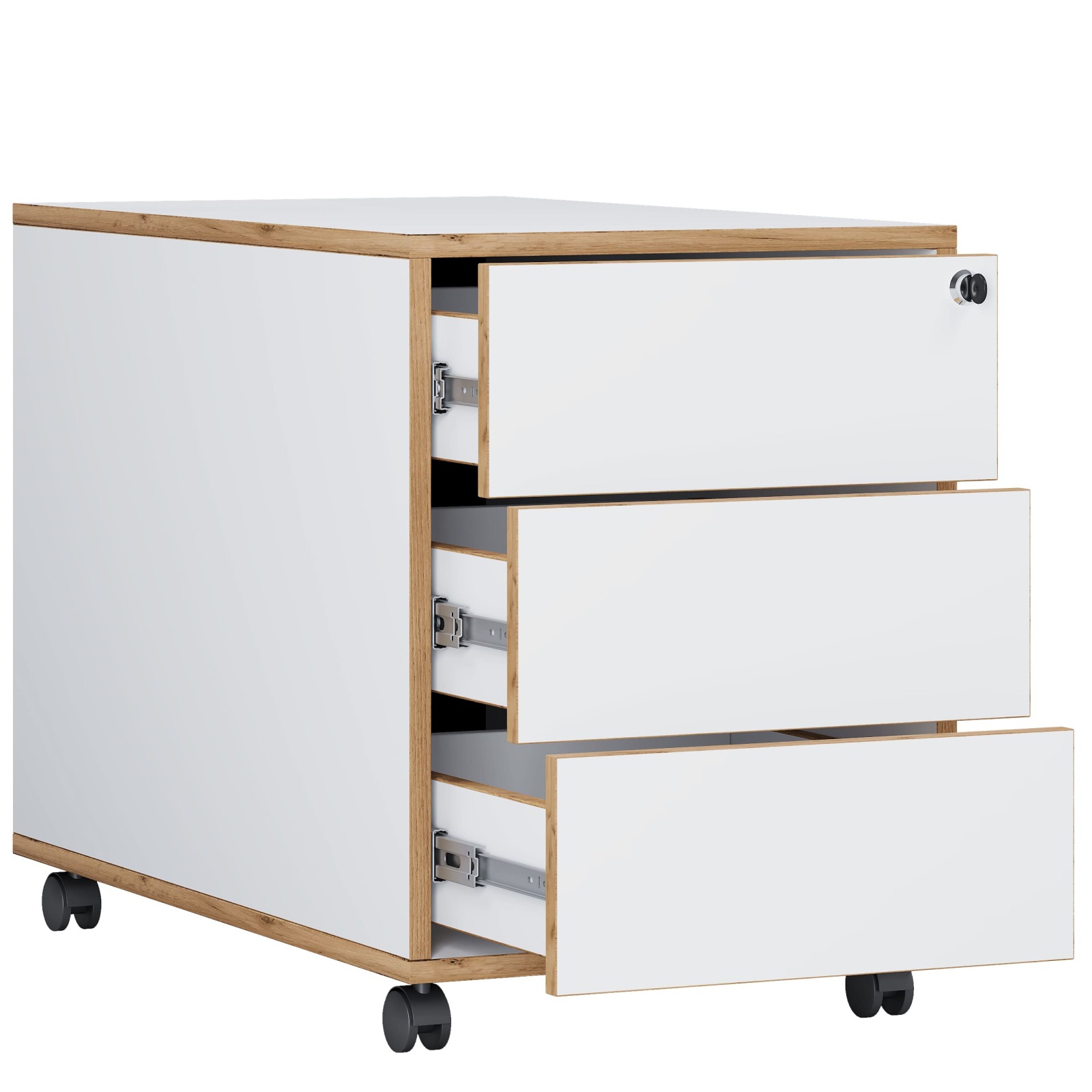 Rollcontainer SALIA - weiß - Honig Eiche - 3 Schubladen