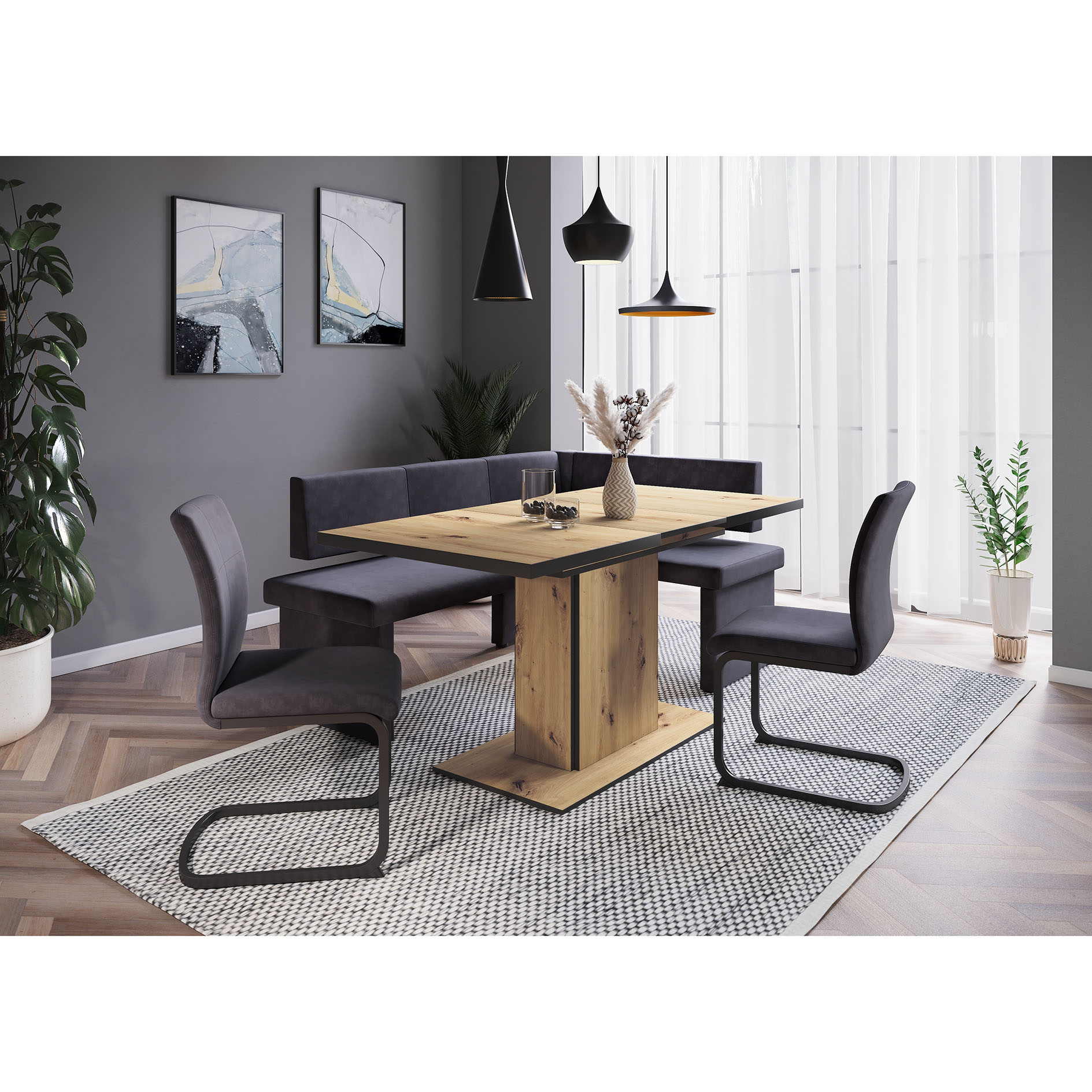 Säulentisch - Artisan Eiche - schwarz - ausziehbar bis 160 cm