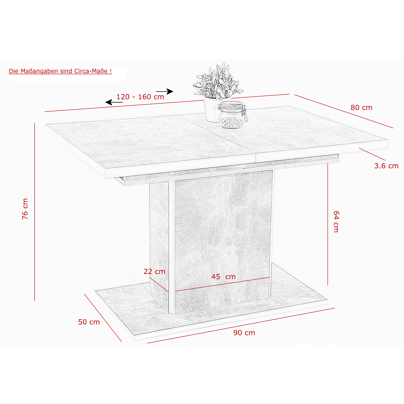 Säulentisch - Betonoptik-weiß - ausziehbar bis 160 cm 