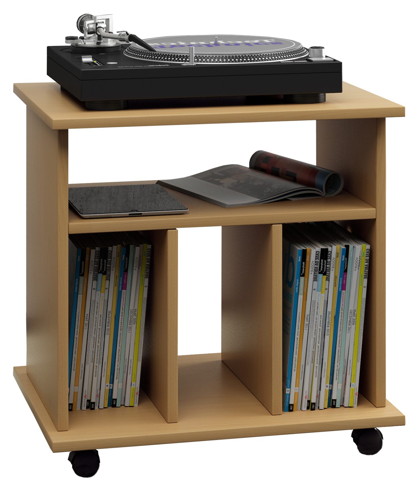 Schallplatten-Regal - Buche - 60 cm breit - auf Rollen
