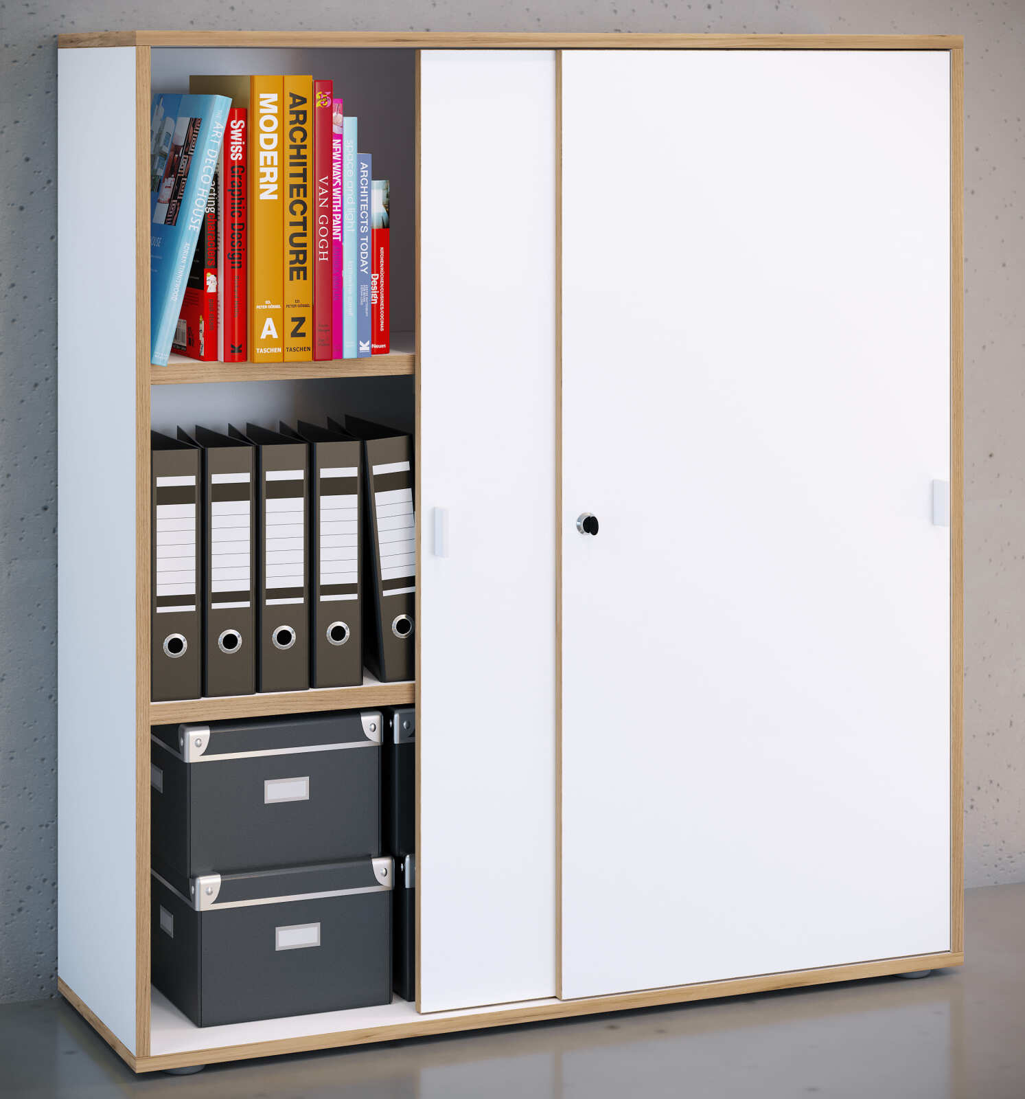 Schiebeschrank SALIA - weiß - Honig Eiche - 3 Fächer