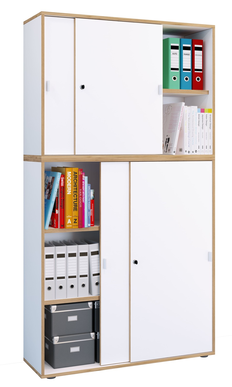 Schiebeschrank SALIA - weiß - Honig Eiche - 5 Fächer - 100x183 cm