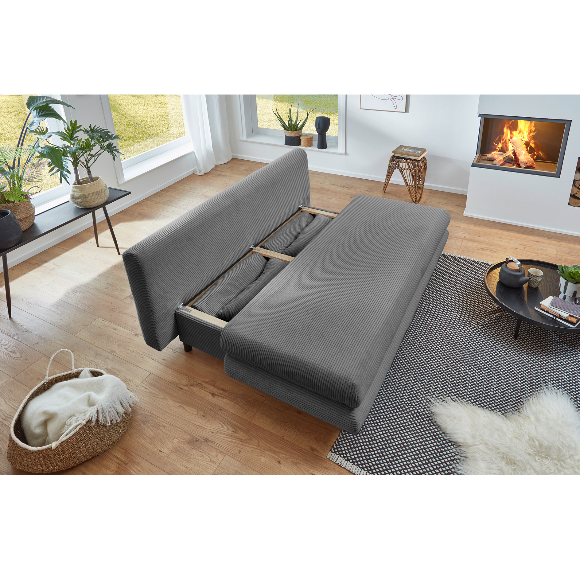 Schlafsofa - grau - Cord - mit Staukasten