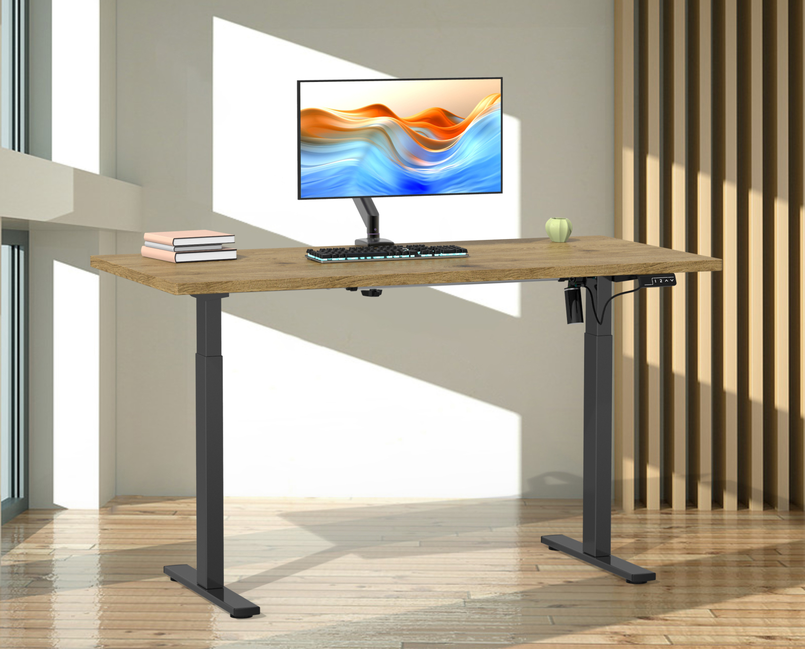 Schreibtisch - Honig Eiche - schwarz - 110 cm - elektrisch höhenverstellbar