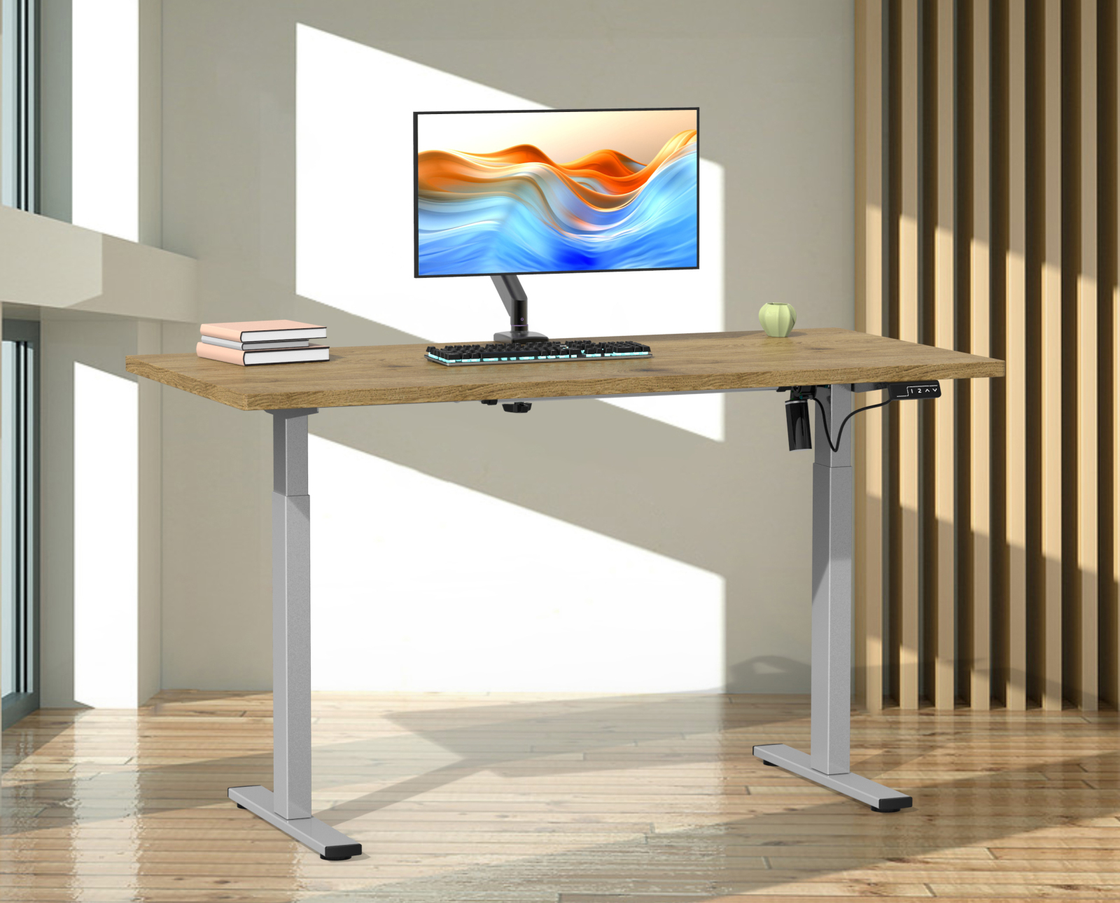 Schreibtisch - Honig Eiche - silber - 110 cm - elektrisch höhenverstellbar
