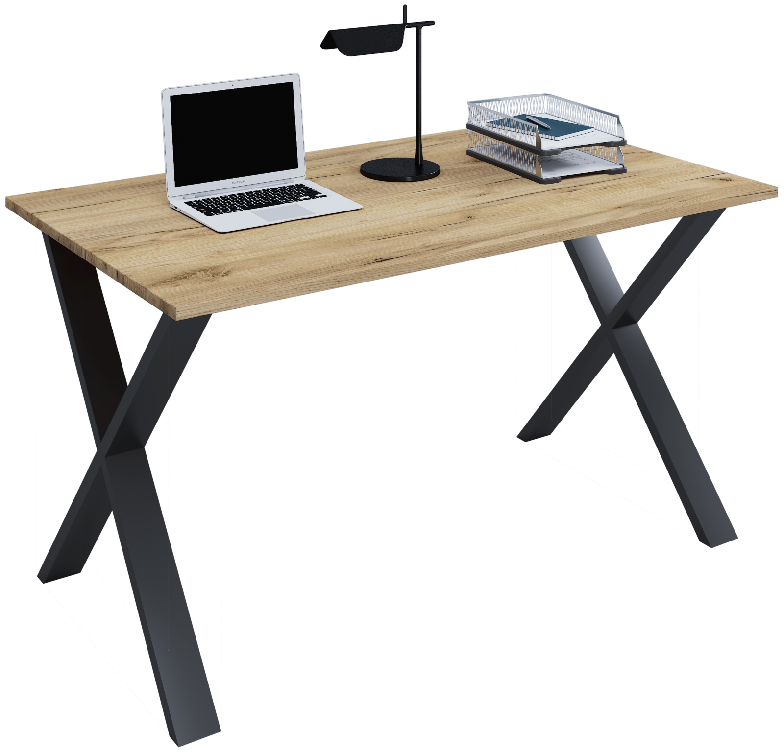 Schreibtisch LONA - Honig Eiche - schwarz - X-Gestell - 140x80 cm