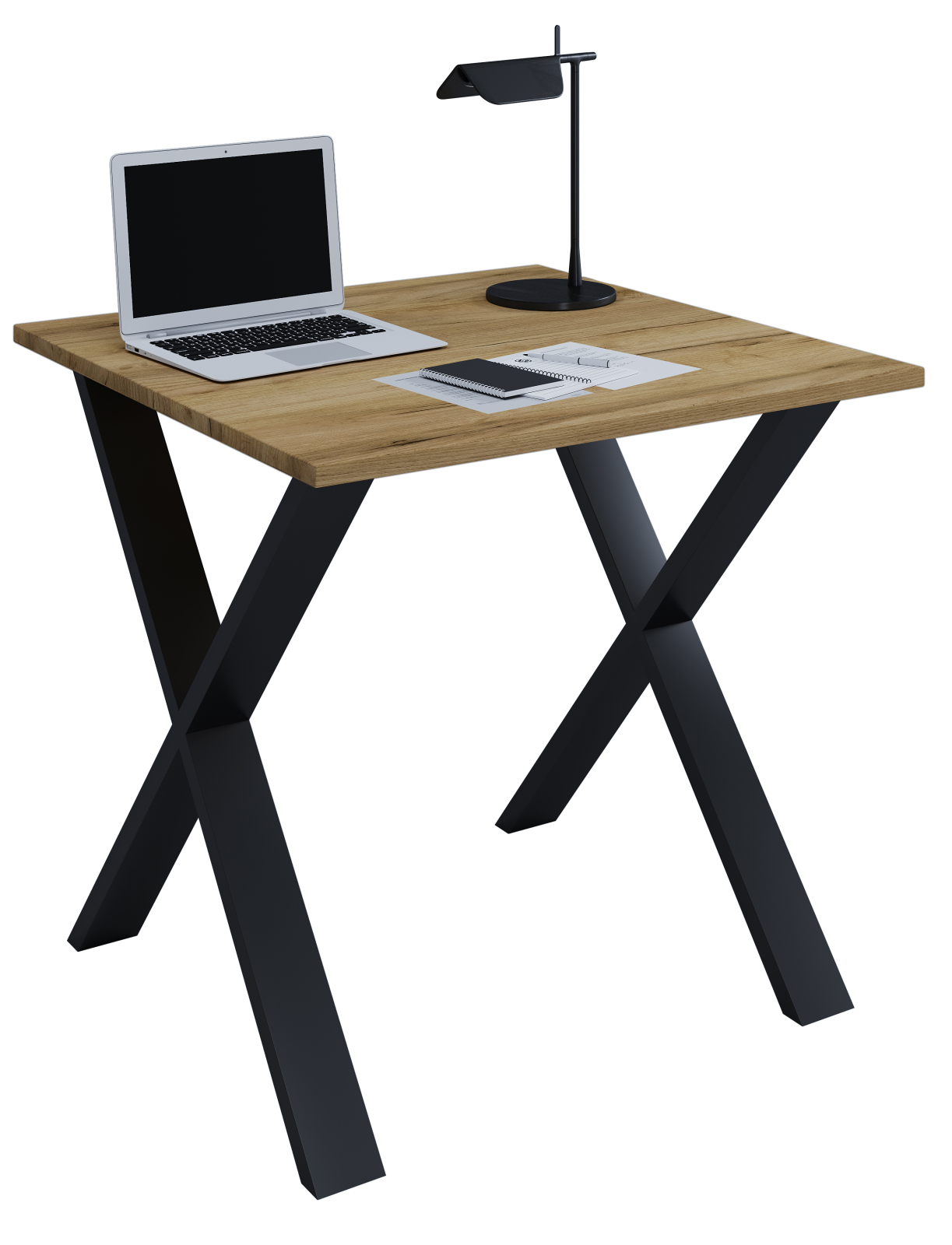 Schreibtisch LONA - Honig Eiche - schwarz - X-Gestell - 80x80 cm