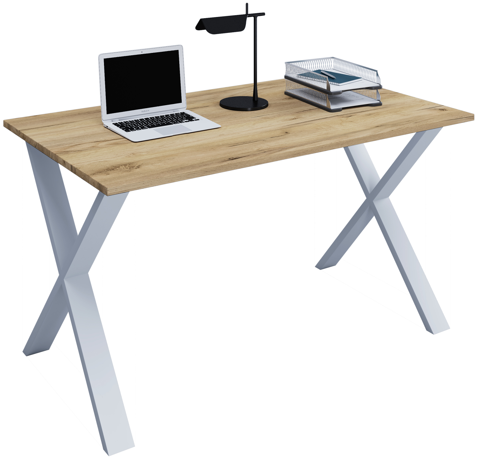 Schreibtisch LONA - Honig Eiche - silber - X-Gestell - 140x80 cm