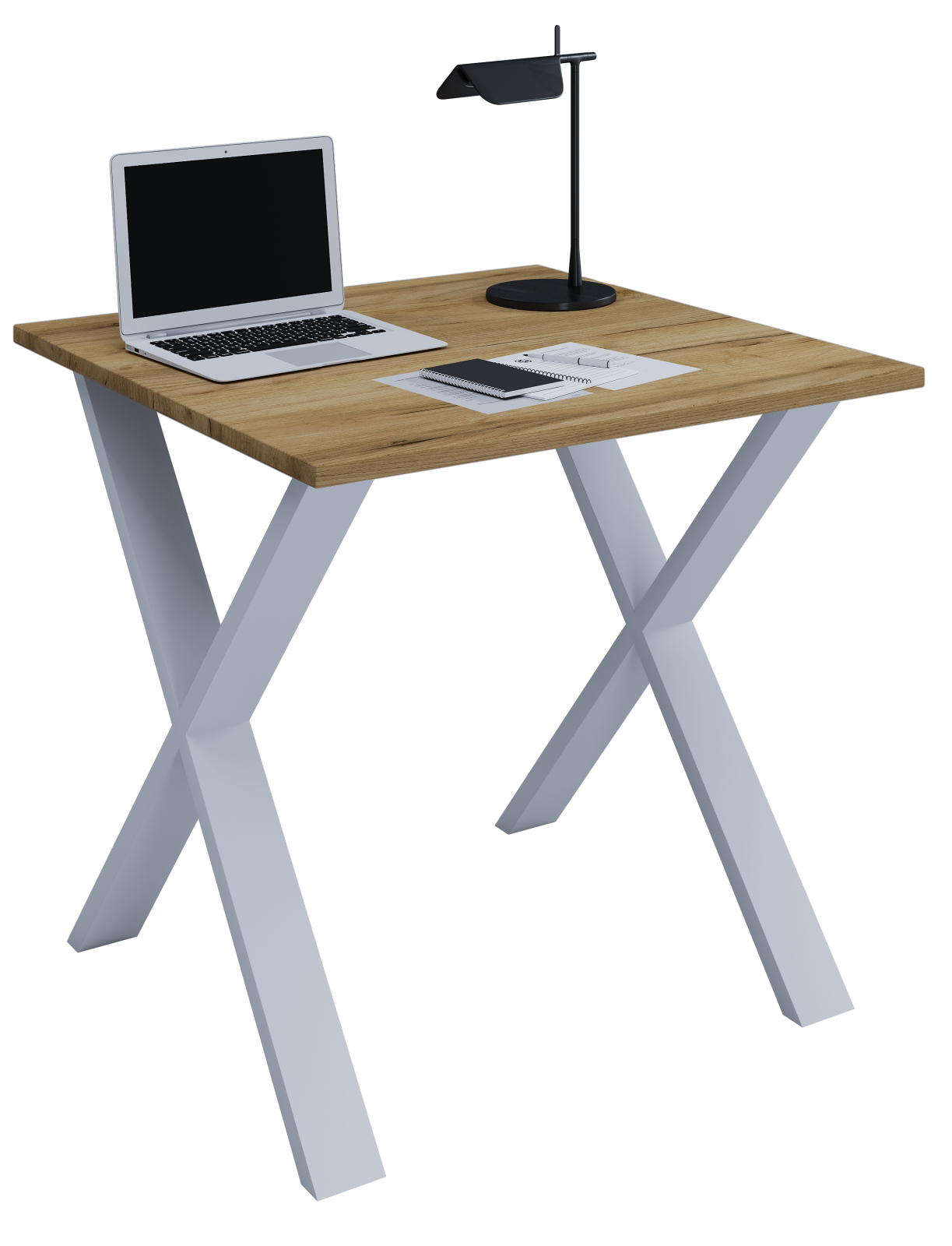 Schreibtisch LONA - Honig Eiche - silber - X-Gestell - 80x80 cm