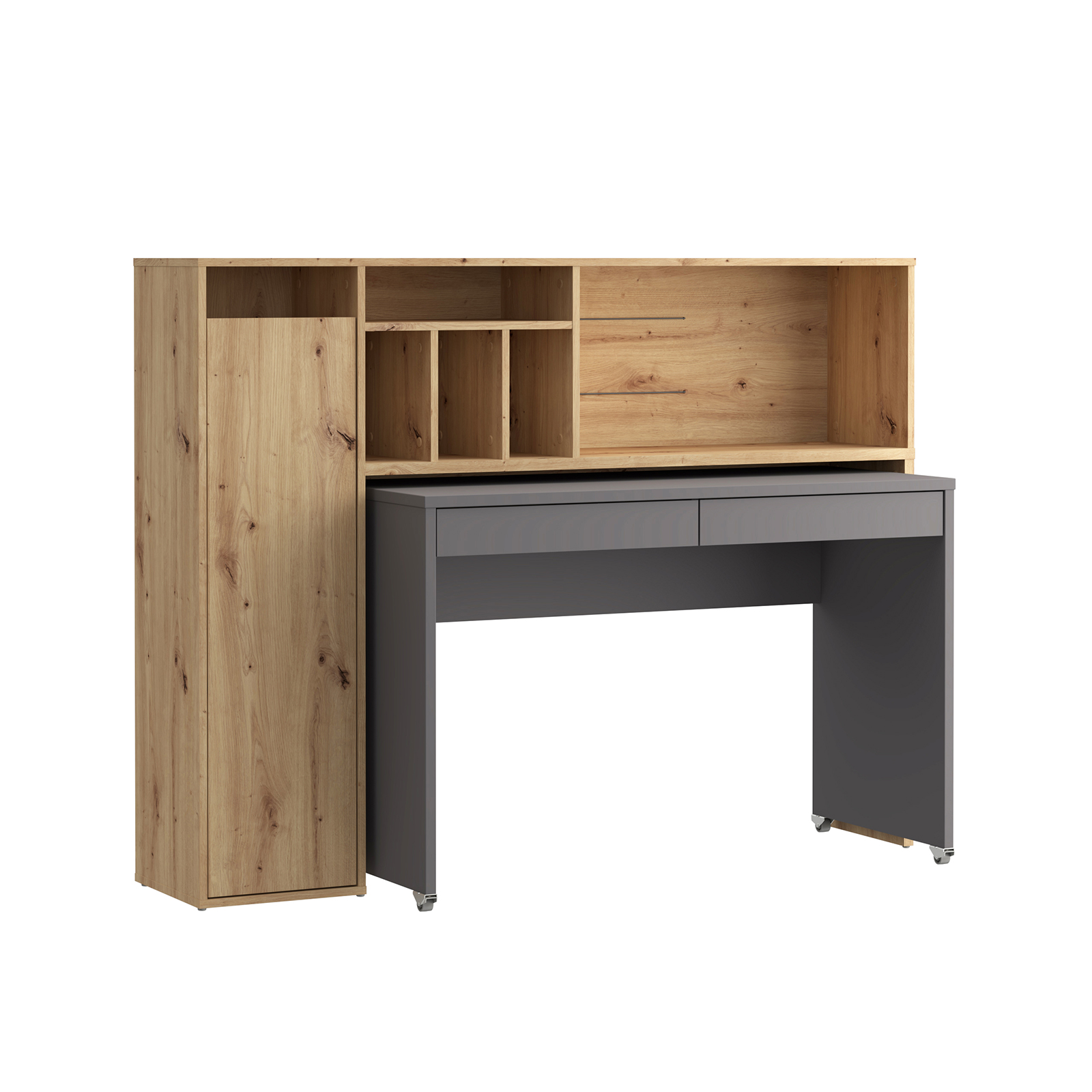 Schreibtischsystem - Artisan Eiche - Wolfram grau - mit Rollen - 154 cm