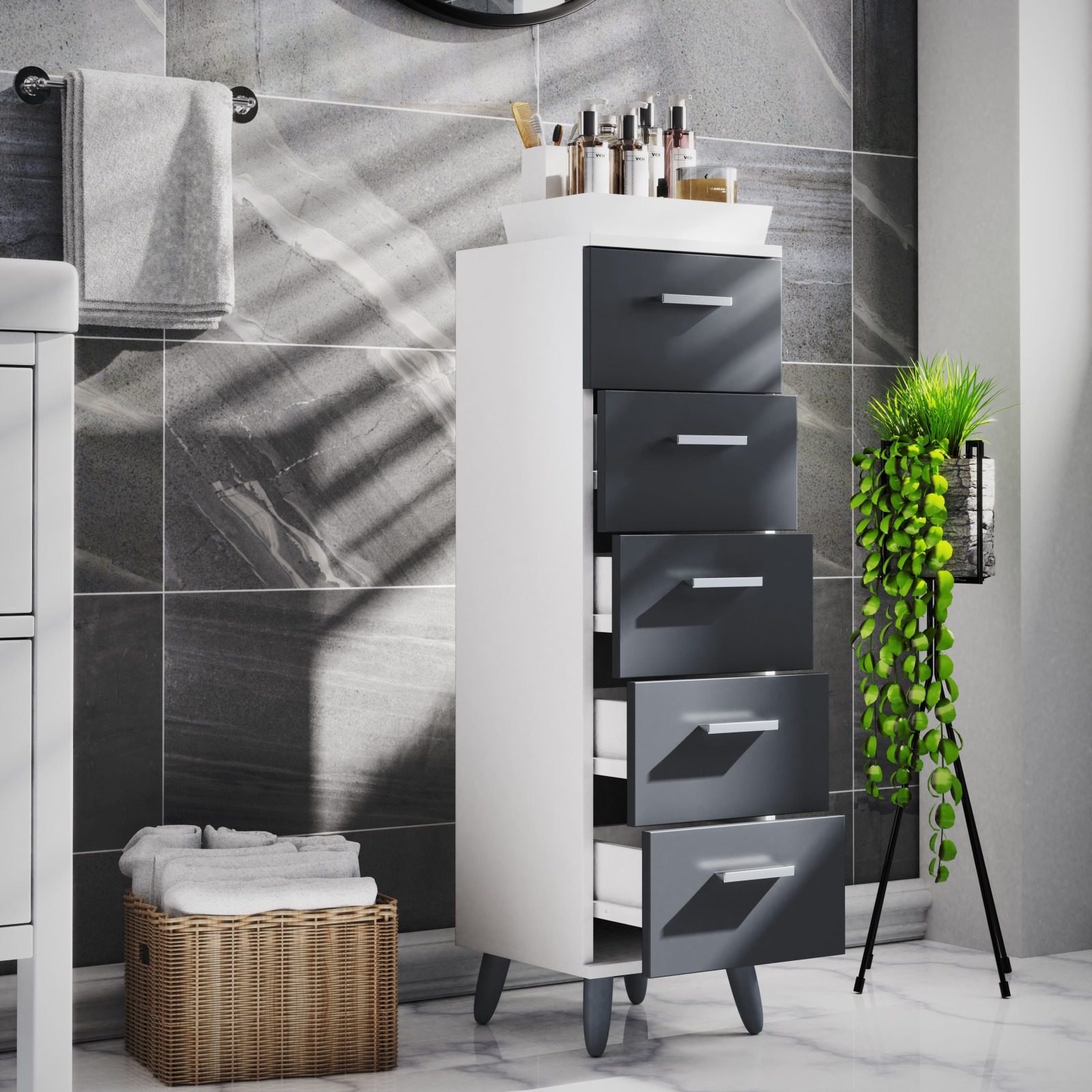 Schubladenschrank LANDOS M - anthrazit-weiß - 100 cm hoch