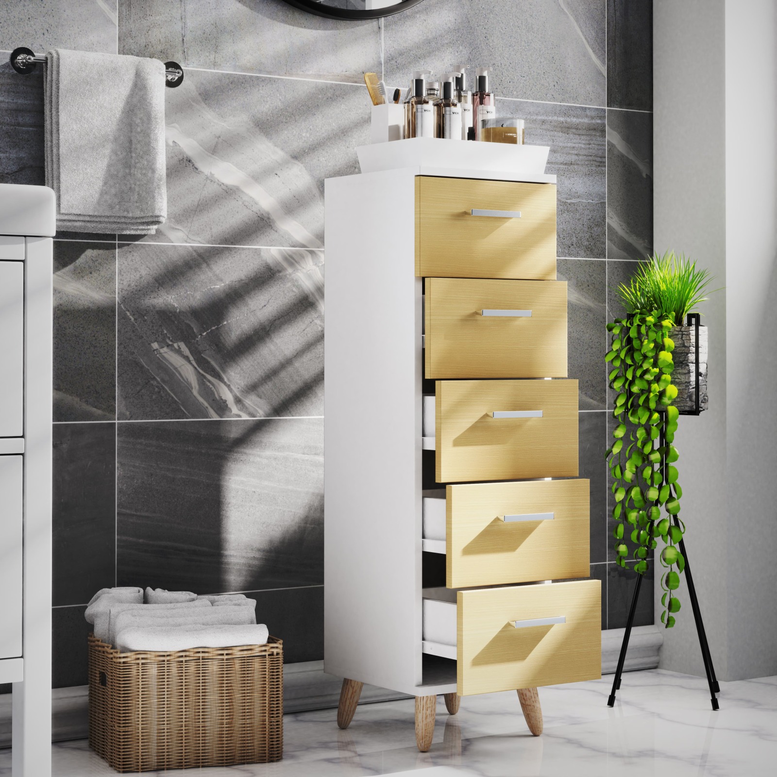 Schubladenschrank LANDOS M - Honig Eiche - 100 cm hoch