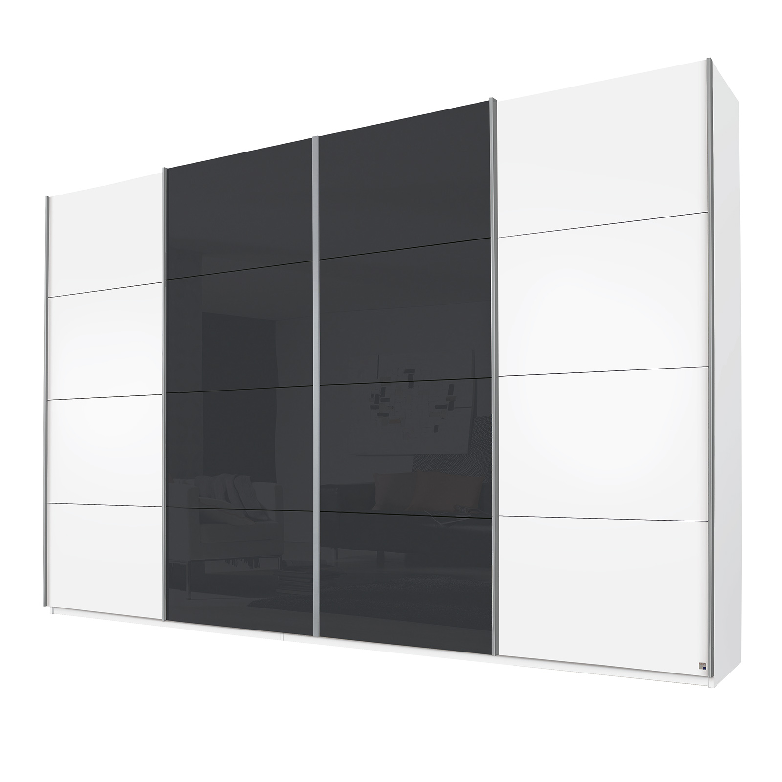 Schwebetürenschrank - Alpinweiß - Basaltglas - 4 Türen - 360x231 cm