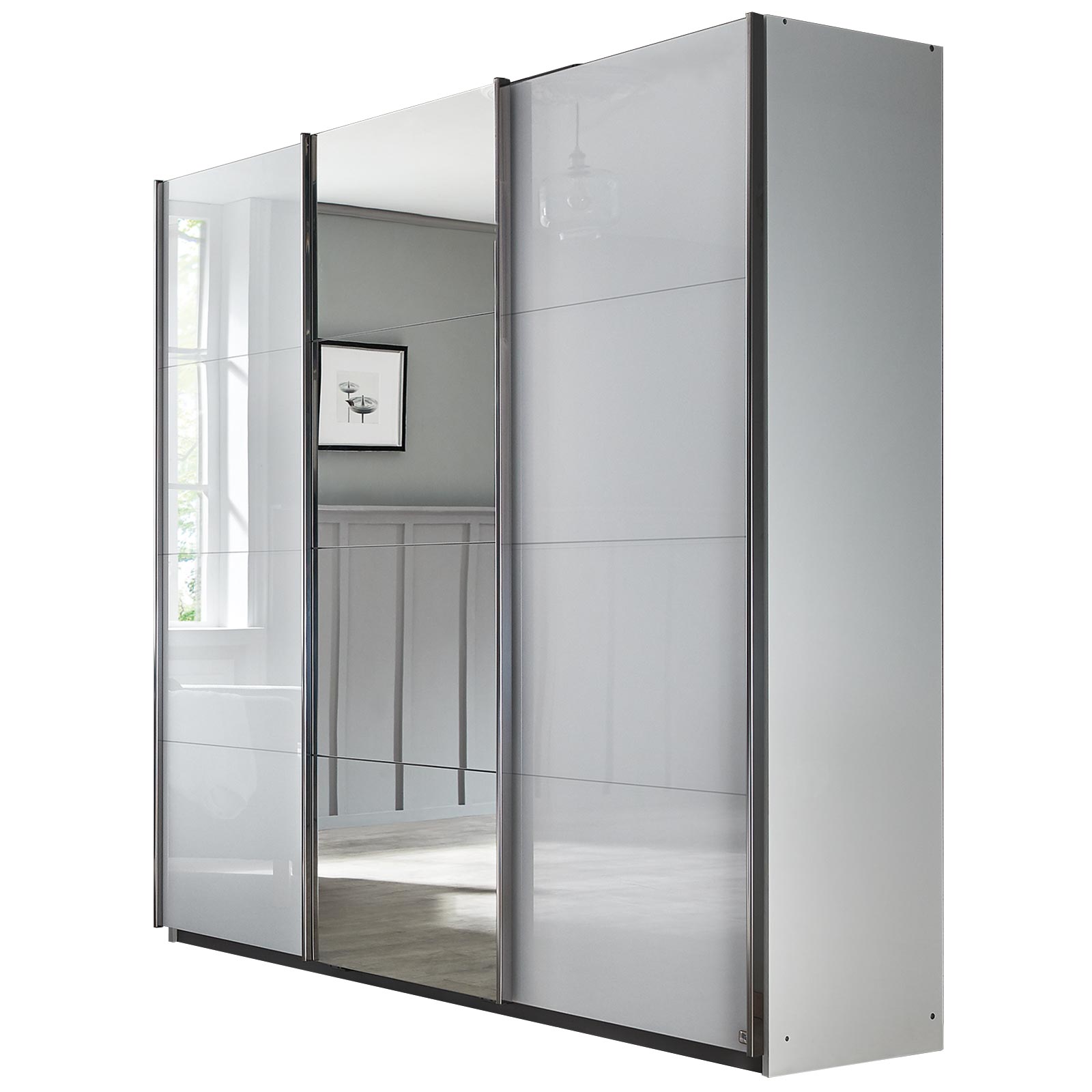 Schwebetürenschrank - alpinweiß - mit Spiegel - 2 Glastüren - 203x210 cm