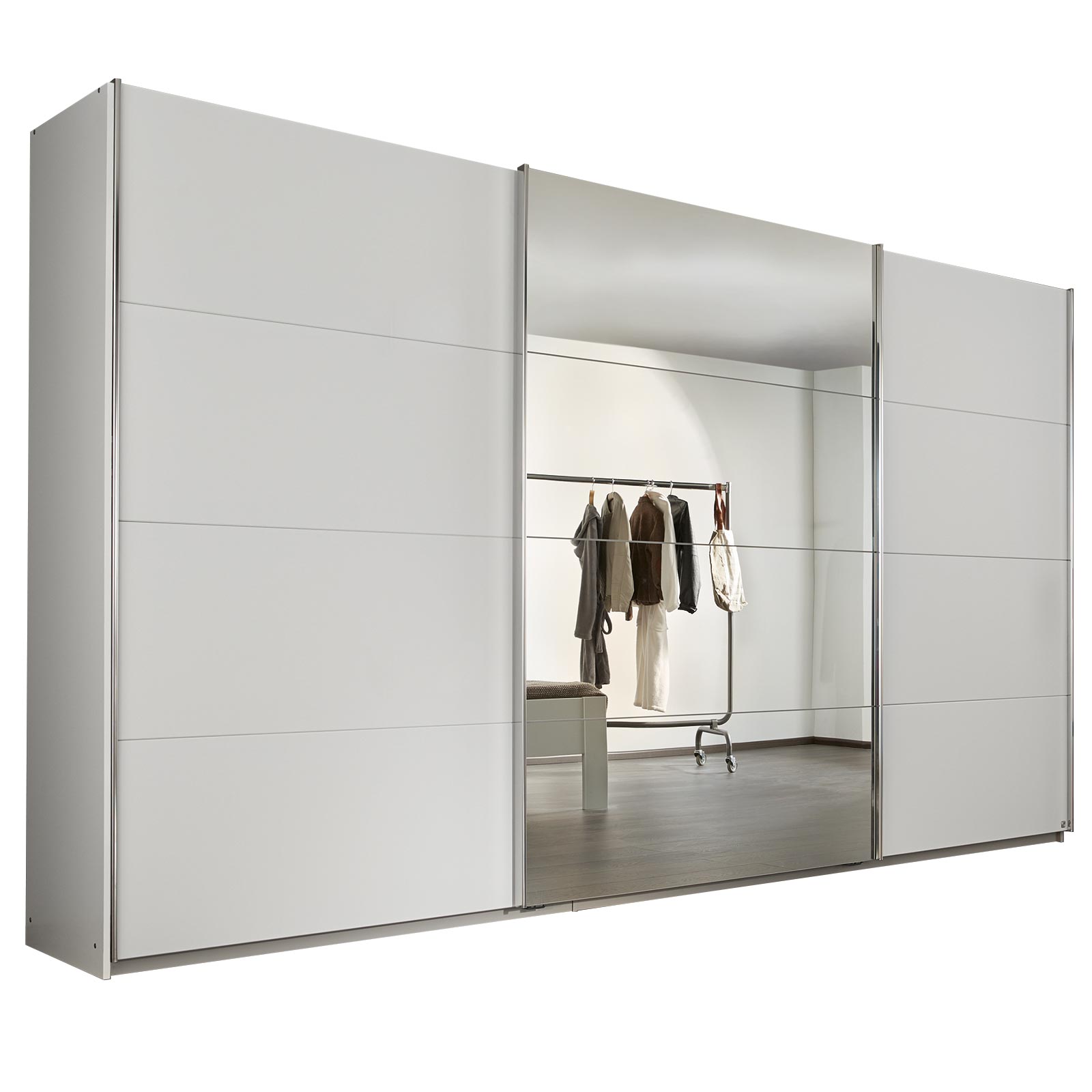 Schwebetürenschrank - alpinweiß - mit Spiegel - 360x210 cm