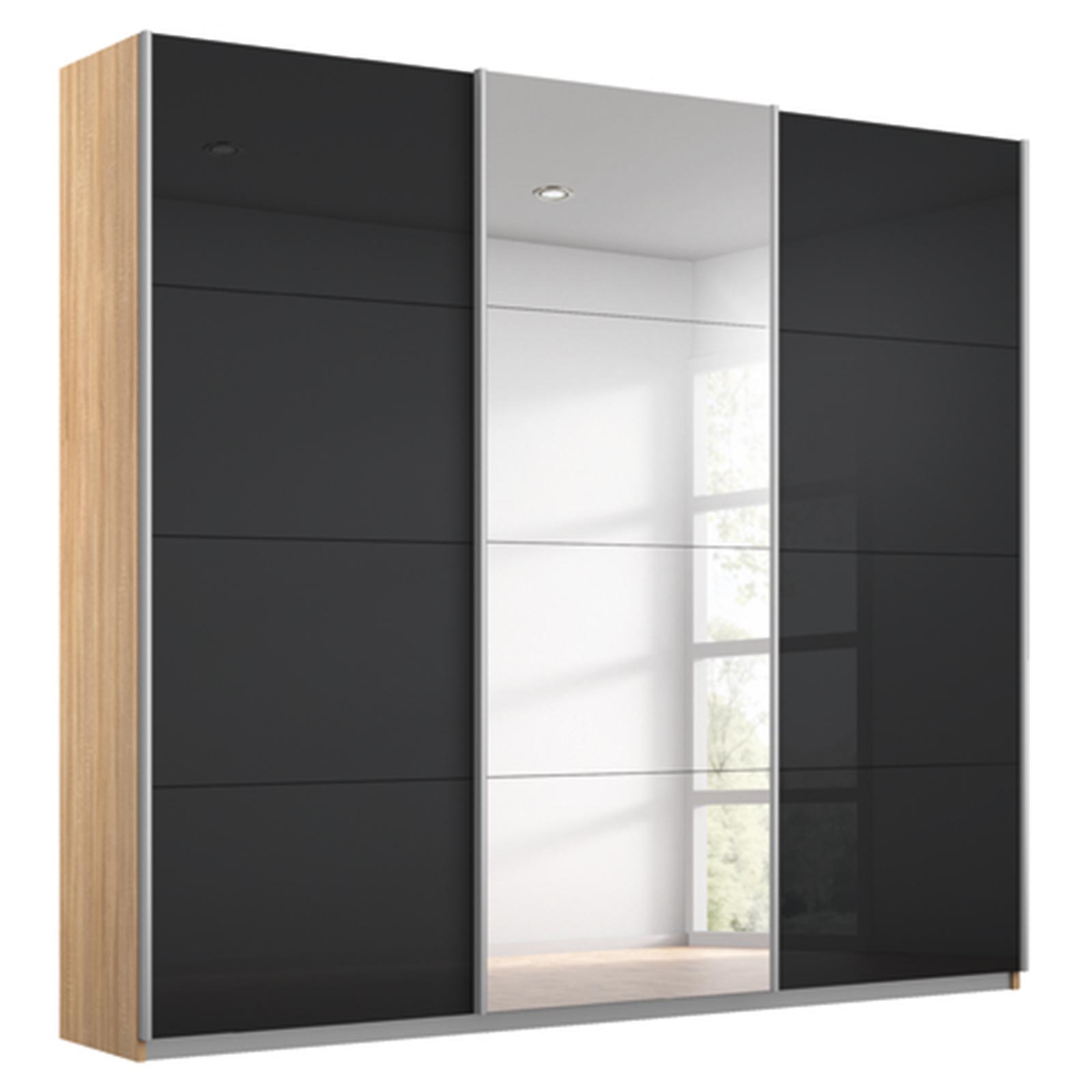 Schwebetürenschrank - basalt - Eiche Sonoma - mit Spiegel - 2 Glastüren - 203x210 cm