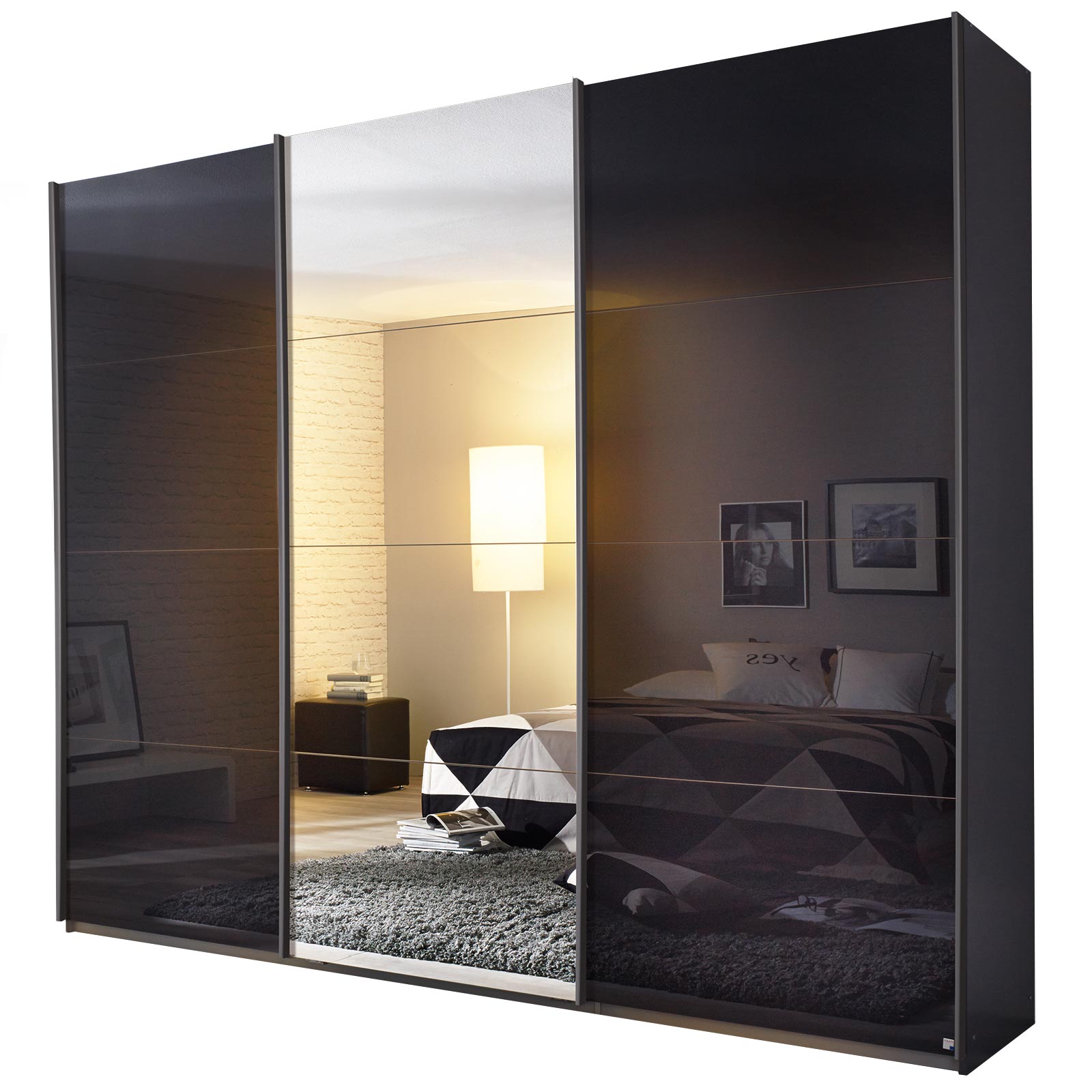 Schwebetürenschrank - basalt - grau metallic - mit Spiegel - 2 Glastüren - 271x229 cm