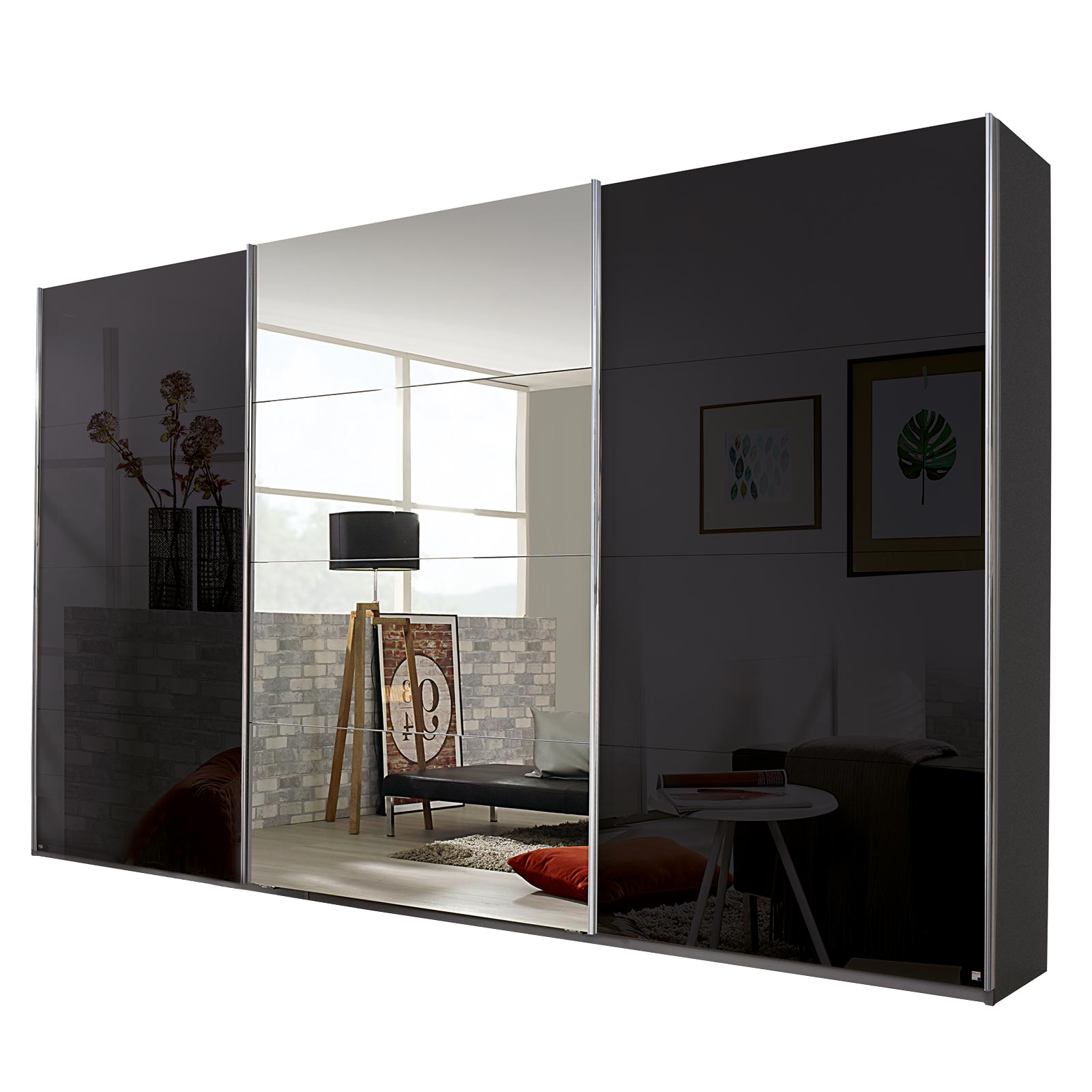 Schwebetürenschrank - basalt - grau metallic - mit Spiegel - 2 Glastüren - 360x229 cm