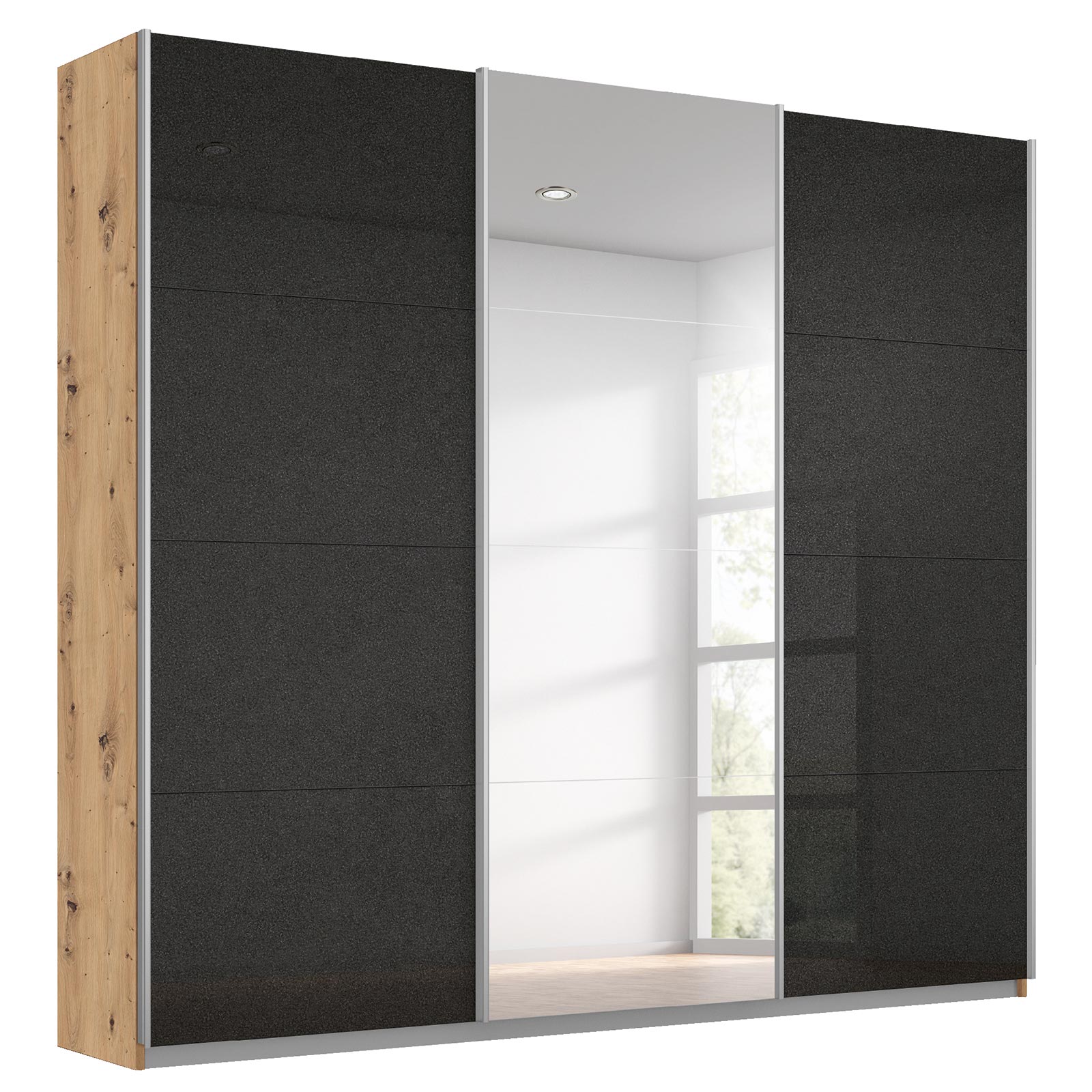 Schwebetürenschrank - effektgrau - Eiche Artisan - mit Spiegel - 203x210 cm