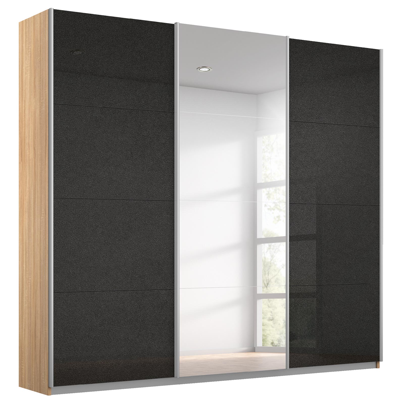 Schwebetürenschrank - effektgrau Hochglanz - Eiche Sonoma - mit Spiegel - 203x210 cm
