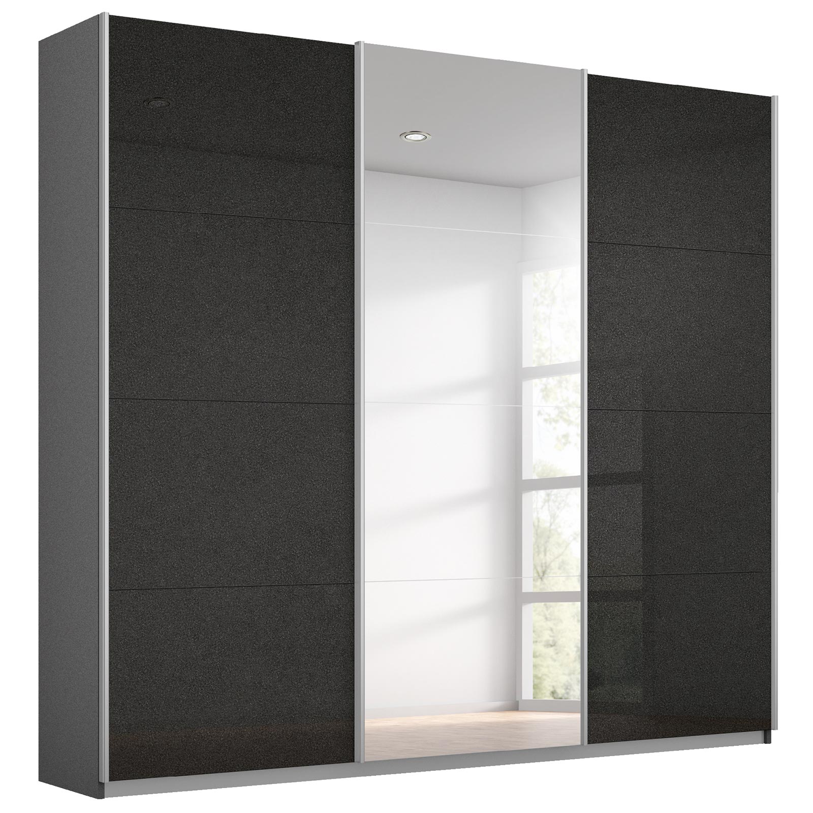 Schwebetürenschrank - effektgrau Hochglanz - grau metallic - mit Spiegel - 203x210 cm