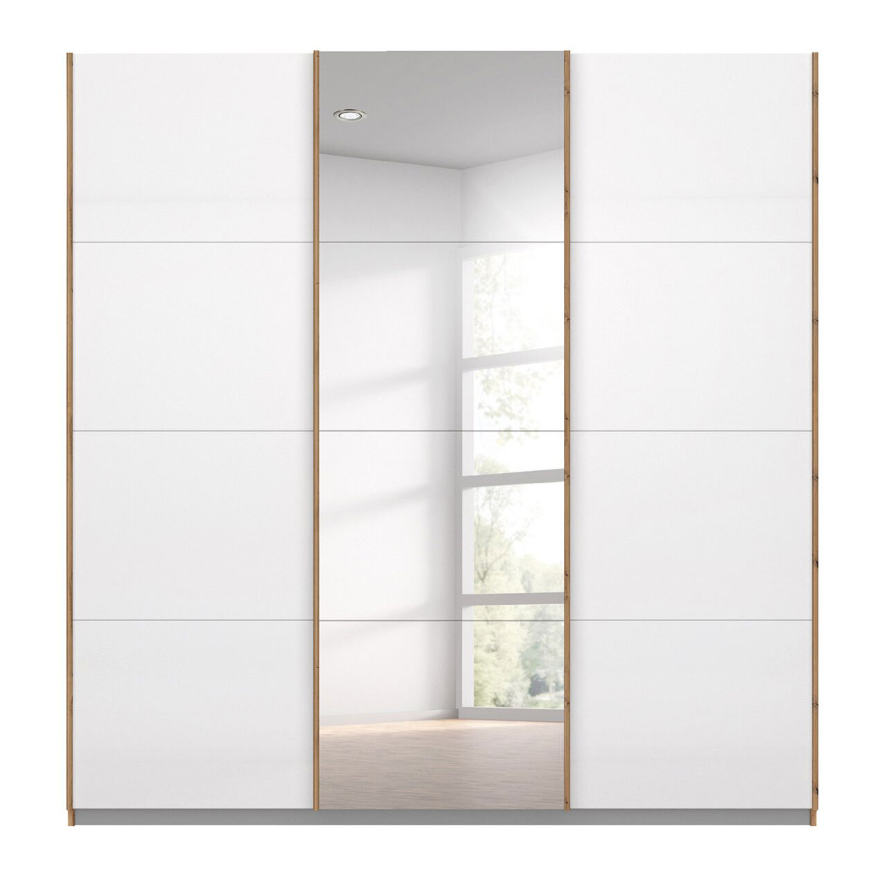 Schwebetürenschrank - Eiche Artisan - weiß - mit Spiegel - 203x210 cm
